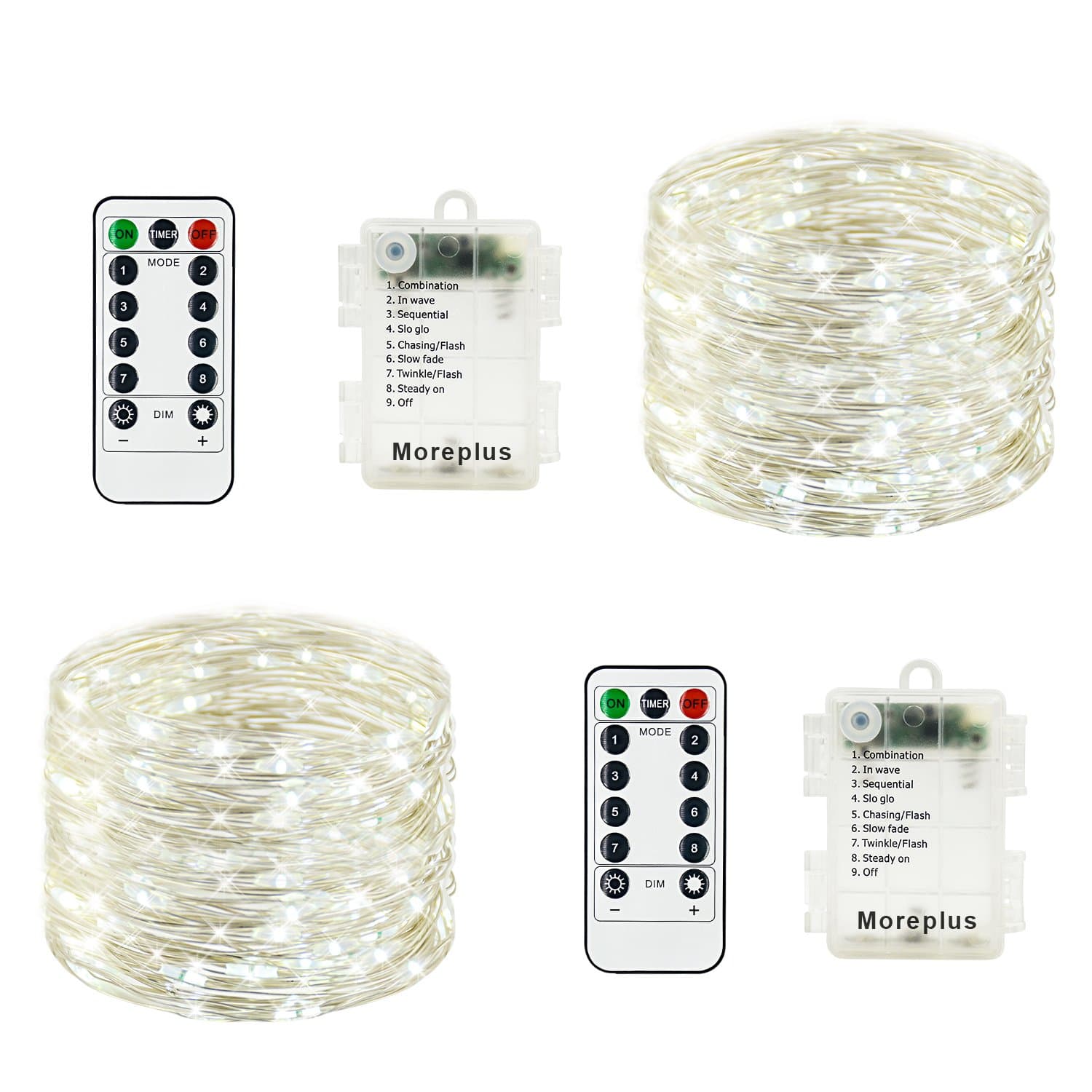 Moreplus 2 Pack Battery Operated Fairy String Lights Waterproof 8 Modes 33ft 100 LED Silver Wire Decorative Lights with Remote Control for Outdoor Indoor Bedroom Garden Wedding Christmas (White)