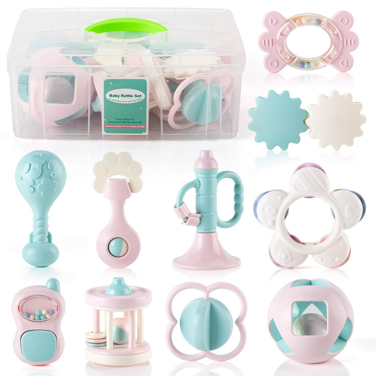 10PCS Baby Rattles Teether Set, Grasping Grab Toy, Spin Shaking Bell, Sensory Teether Rattle, Boiled Disinfection BPA Set for Infant Newborn Baby Toddler