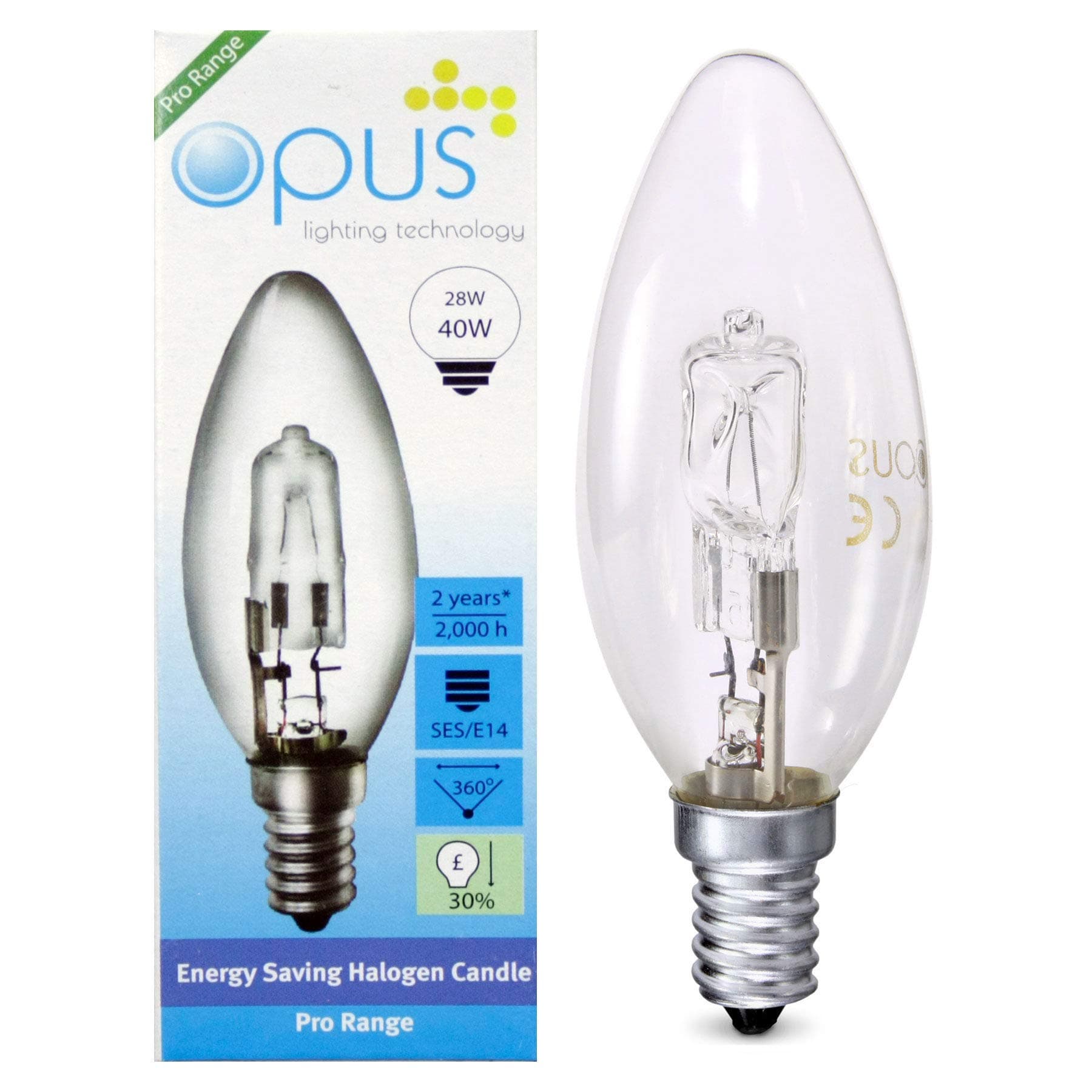 10 x Opus Halogen Candle Light Warm White Bulb - 28W = 40W E14 Ses Small Screw Cap Long Life Dimmable Lamp - Chandelier Light Bulbs [Energy Class D]