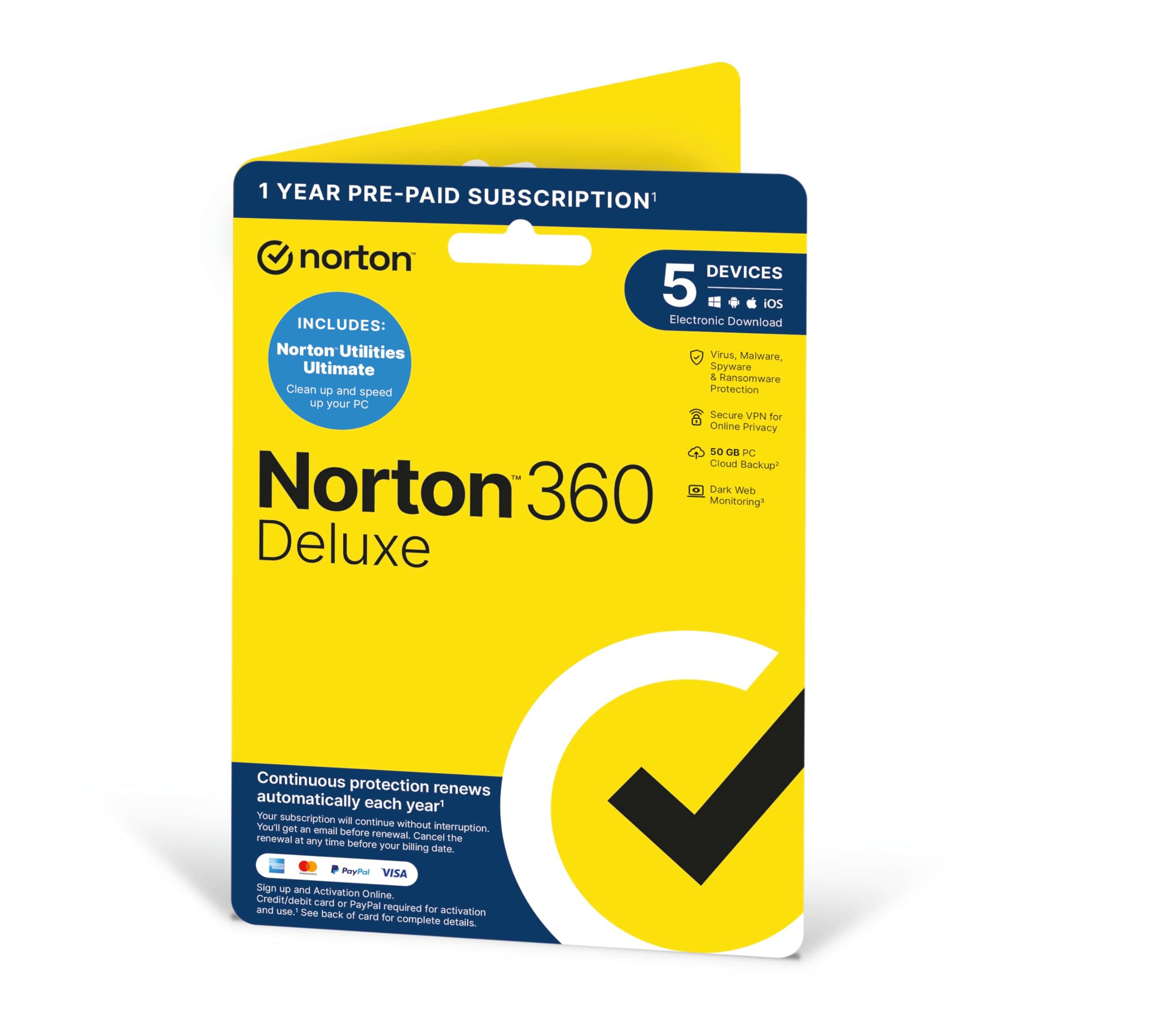 Norton 360 Deluxe + Utilities Ultimate, Antivirus software for 5 Devices and 1-year subscription with automatic renewal, Includes Secure VPN, PC/Mac/iOS/Android - Activation Code by Post