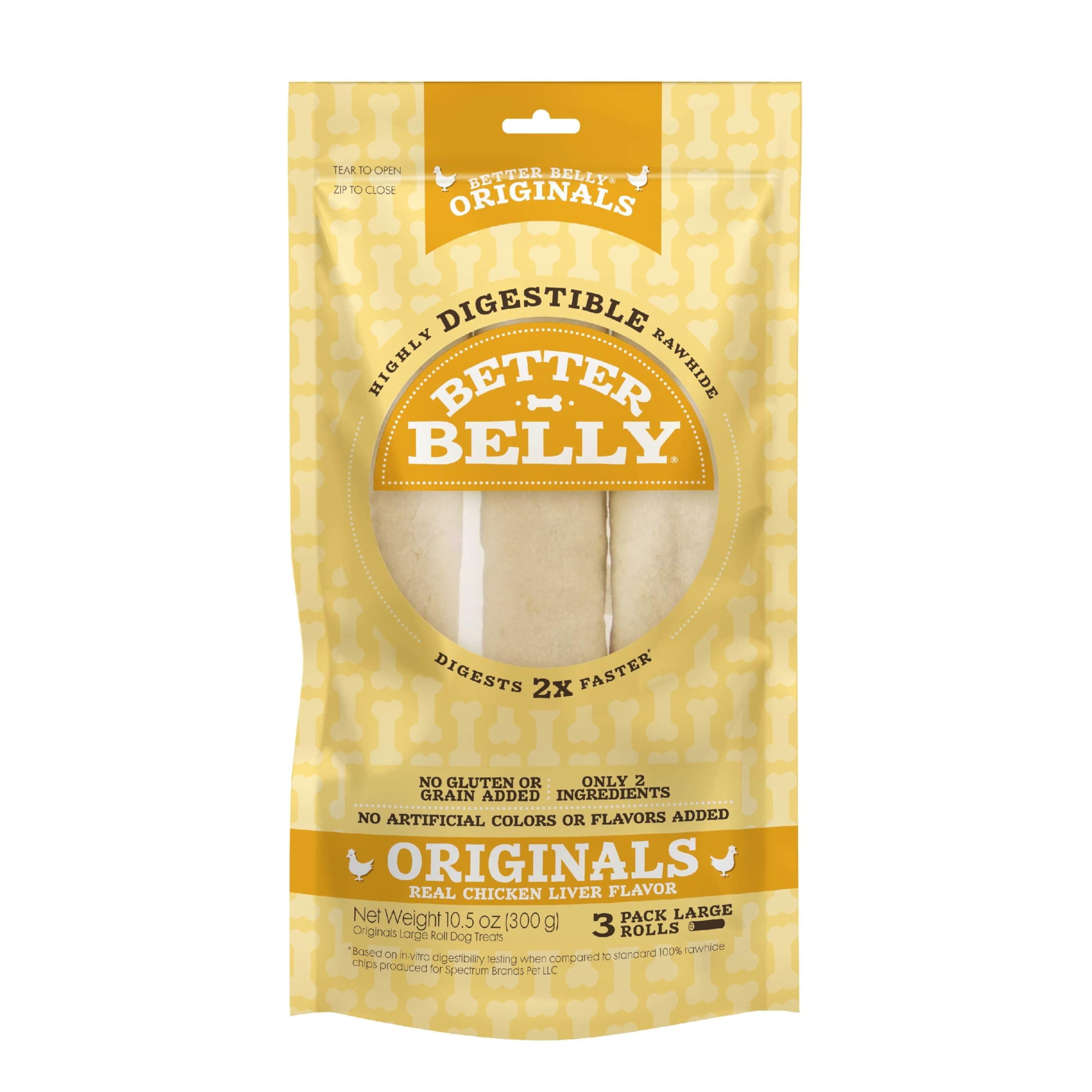 Better Belly 3-Pack Highly Digestible Gentle Rawhide Original Chicken Liver Flavor Treat Snack Rolls for Dogs (Large)