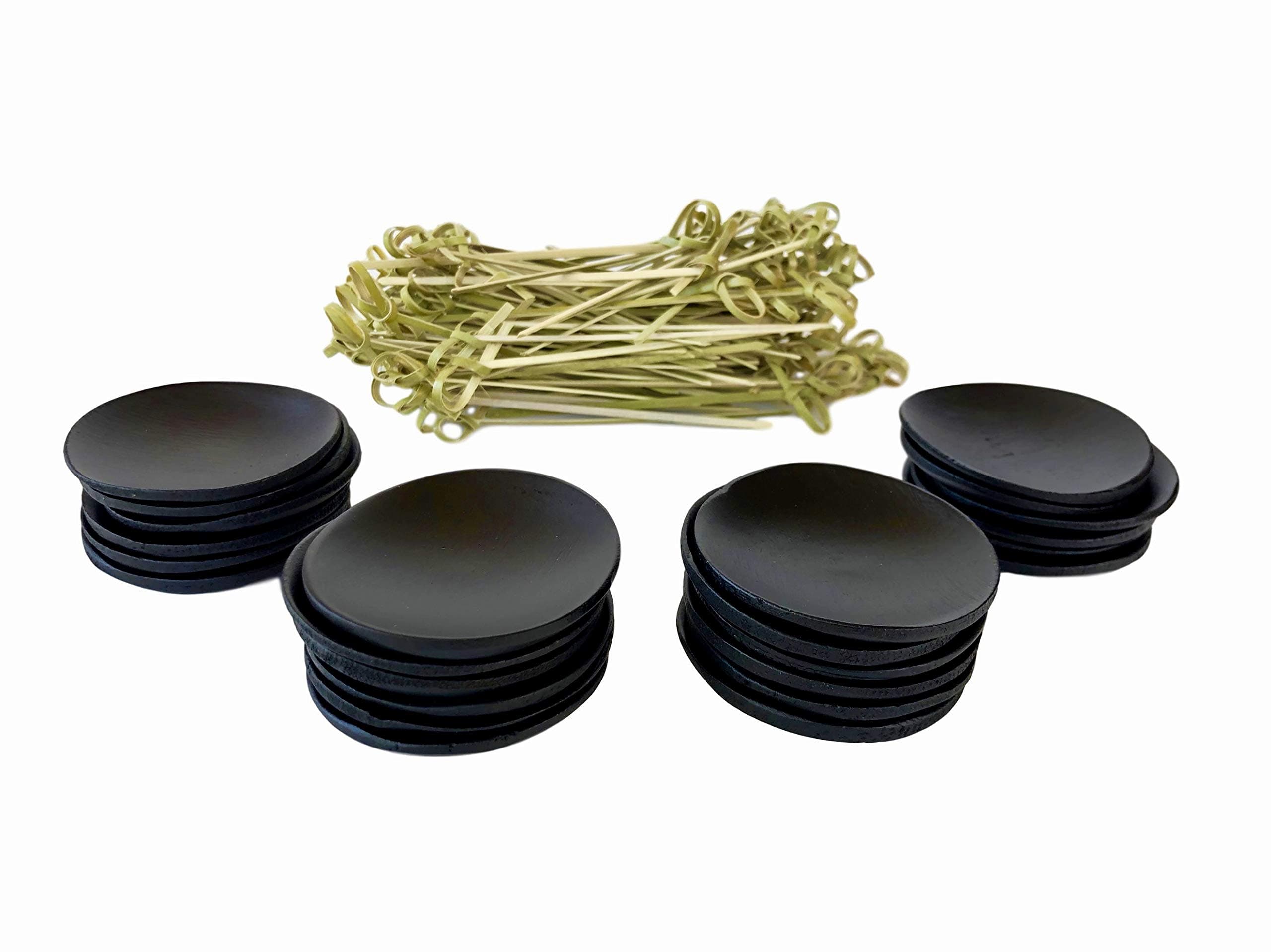 24 Mini Disposable Bamboo Appetizer Plates plus 100 Bamboo Fancy Toothpicks. Biodegradable Appetizer Plates and Bamboo Knot Picks Set for Dinner Parties, Breakfast Bar, Food Tastings, Finger Food.