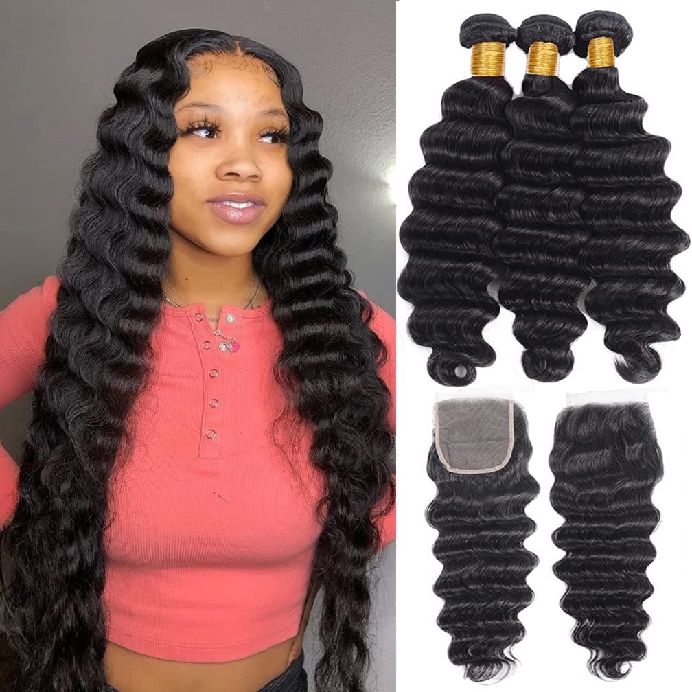 Loose Deep Wave Bundles with Closure(16 18 20 +14,Free Part) Loose Deep Wave Human Hair Bundles with 4 * 4 Closure Unprocessed Brazilian Wet and Wavy Human Hair Bundles Hair Extensions Natural Black