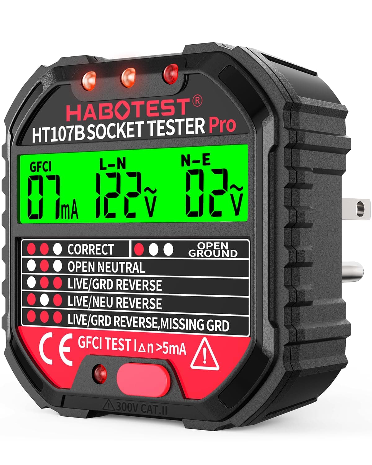 Outlet Tester Electrical GFCI Receptacle Detector with LCD Display, 90-250V Power Socket Tester, Circuit Polarity Voltage Detector, Plug Tester Breaker Finder 6 Visual Indication CAT II 300V (US Plug)