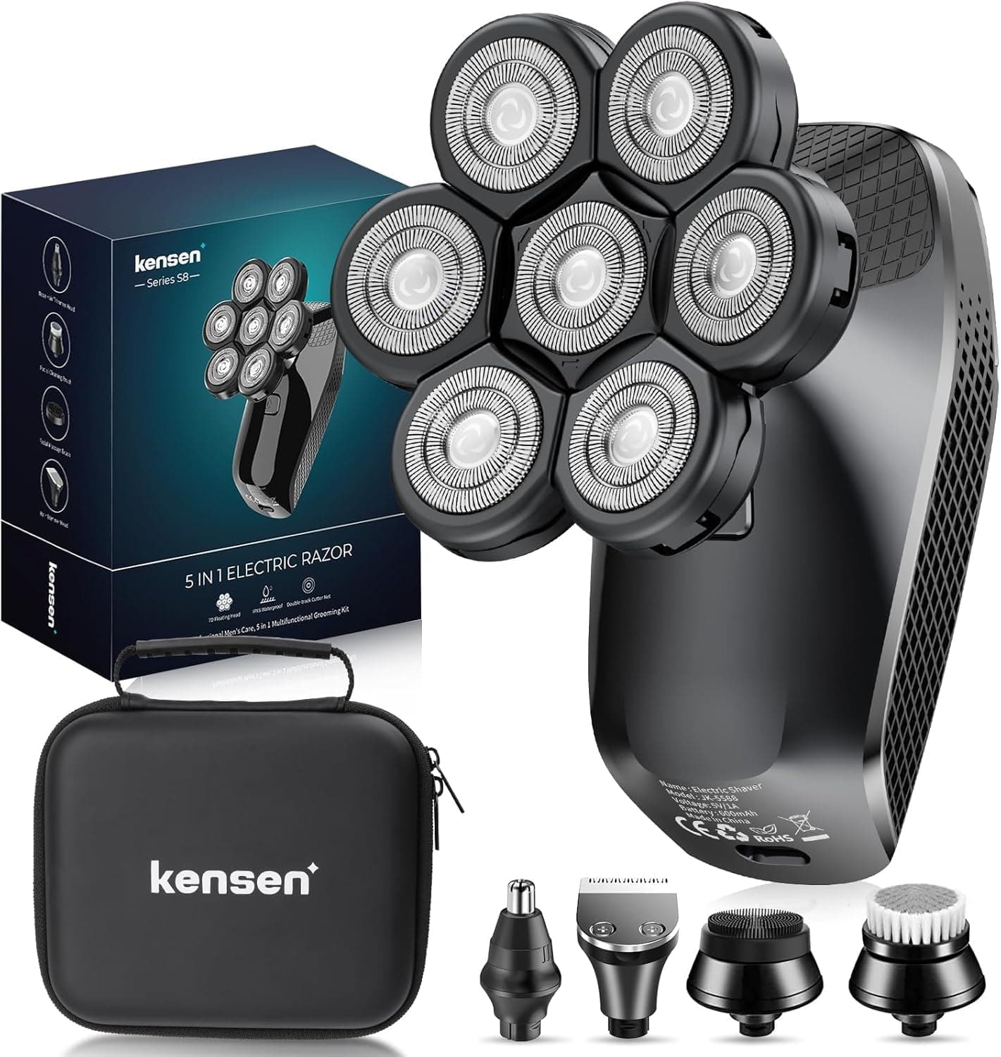 7D Head Shavers for Bald Men - 5 in 1 kensen Electric Head Hair Shaver, Head Electric Razor with Nose Hair & Beard Trimmer Cordless IPX6 Waterproof Wet Dry LED Display Travel Case