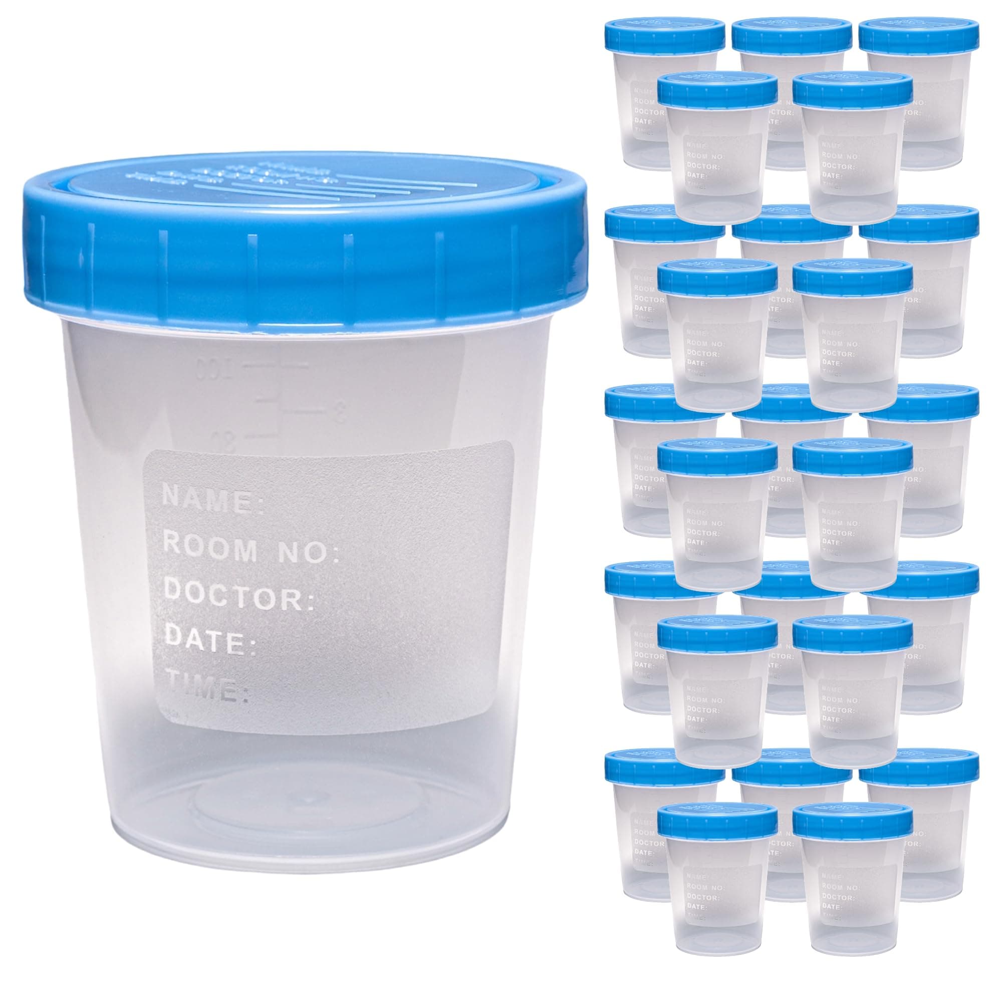 Vakly Specimen Cups with Leak Proof Screw on Lids - 4oz [Pack of 25] Clear Non-Sterile Urine Sample Jars - Containers for Safe Pee, Stool, Sample Collection for Testing (25)