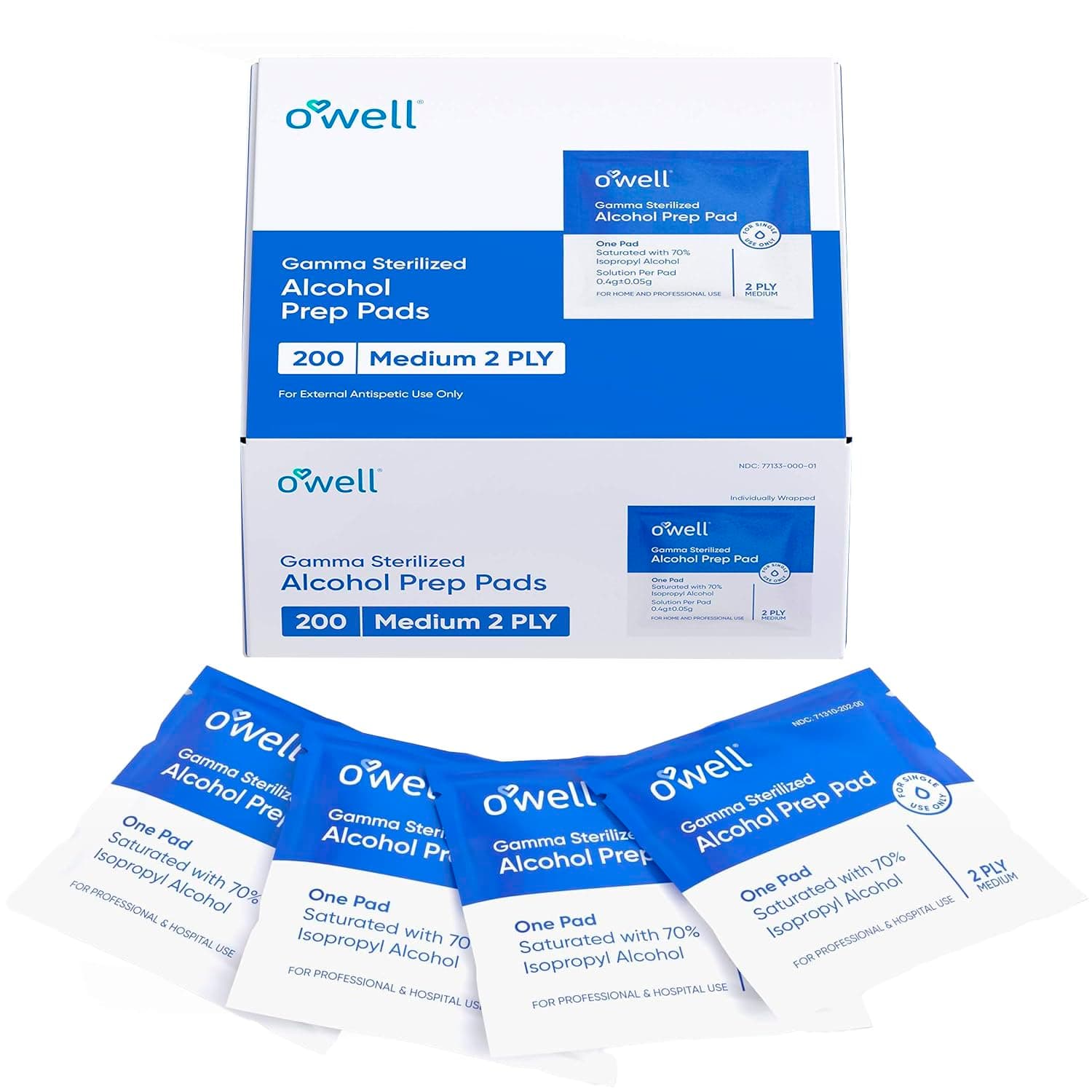OWELL Prep Pads - 200 Individually Wrapped Sterile Alcohol Wipes, Medium 2-Ply Antiseptic Wipes for Disinfecting Skin, First Aid Kit Alcohol Swabs (200 Count)