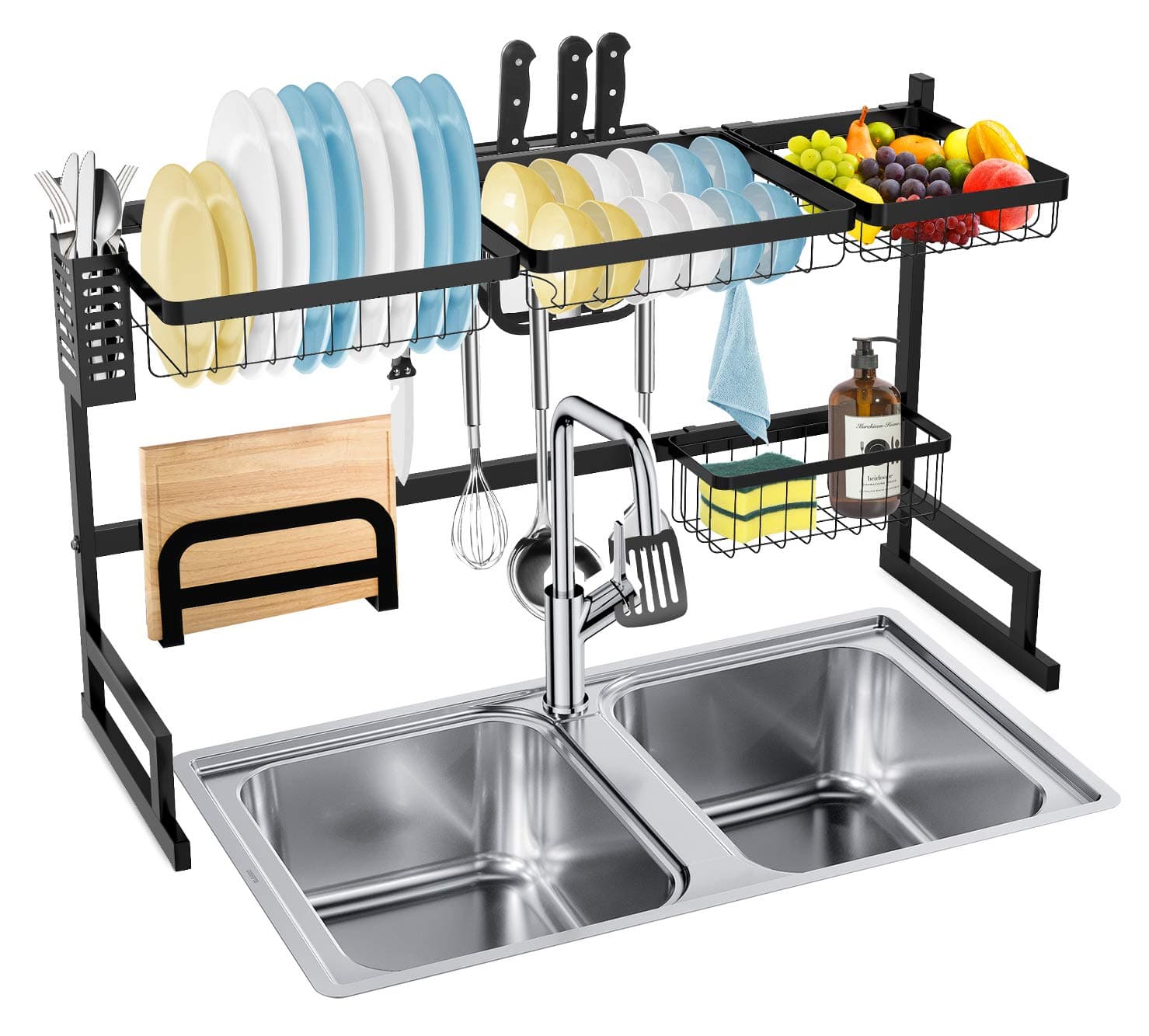 SOLEDI Dish Drying Rack Over The Sink, 2 Tier Large Stainless(Suit Max 32“ Sink) Dishes Drying Rack Countertop & Wall Organization Space Saver with Utensils Holders for Kitchen Storage Organizer