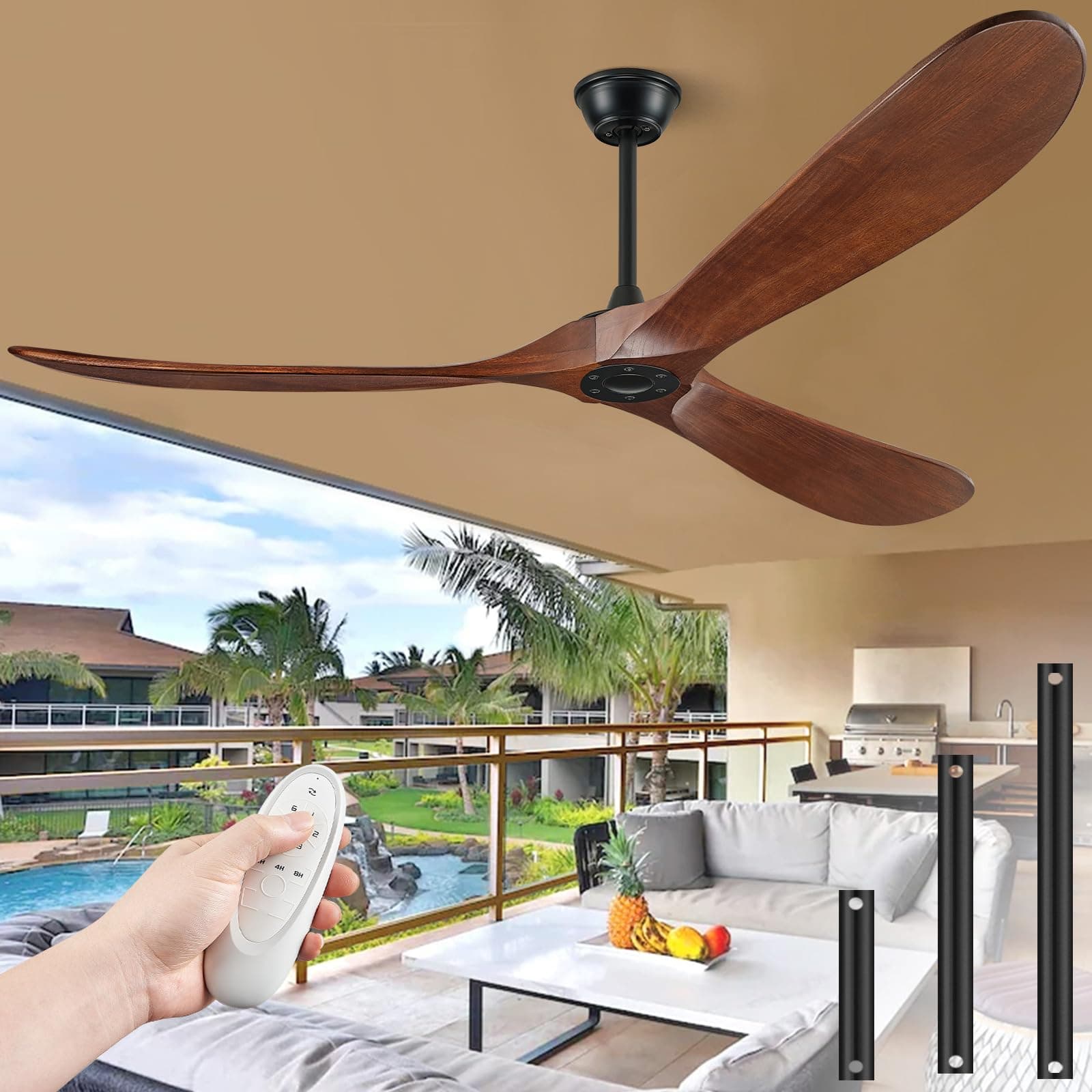 72" Ceiling Fans Without Lights, 72 inch Ceiling Fan No Light, High CFM Quiet 3 Blade Wood Walnut Ceiling Fan, Large Modern Outdoor Fan with Remote, Propeller Outdoor Ceiling Fans for Patios