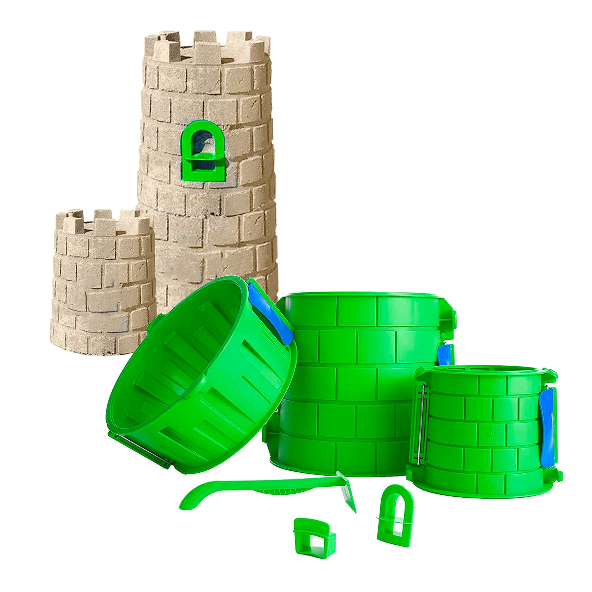 Create A Castle Sandcastle Kit as Seen on Shark Tank, 6 Piece Outdoor Beach Toy Set for Kids and Adults, Towers, Building Tools, Portable Mesh Storage Backpack - Pro Green