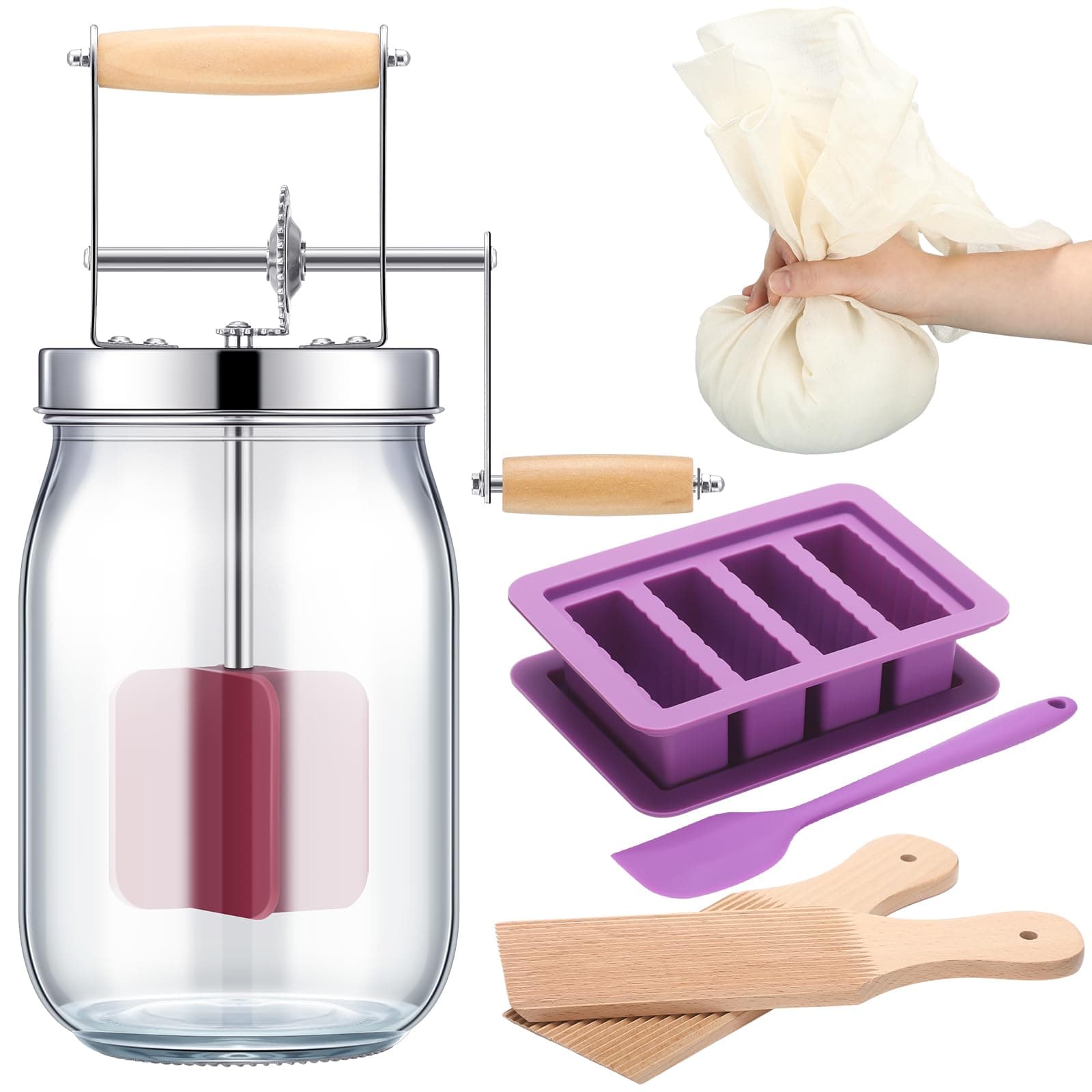 Tiangrid 5 Pcs Butter Churn Set Include 1 Pcs Glass Mason Jar Butter Churner 1 Pcs Cheese Cloth 2 Pcs Wood Butter Paddles 1 Set Silicone Butter Mold with Lid and Spatula Straining Cloth