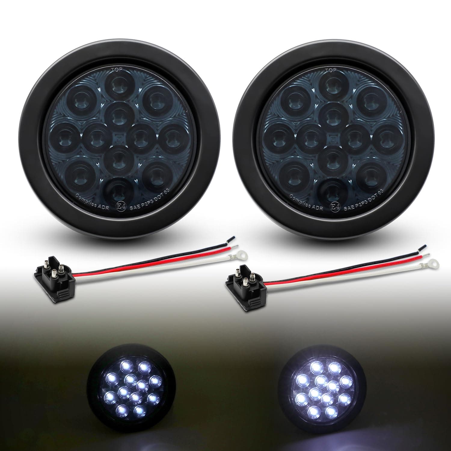 TMH 2pcs 4 Inch 12 Super Bright LED Tail Turn Signal Indicator Light Marker Reverse White Lamp Smoked Lens Assembly Rubber Mount Grommet for Trucks Trailer Boat RV