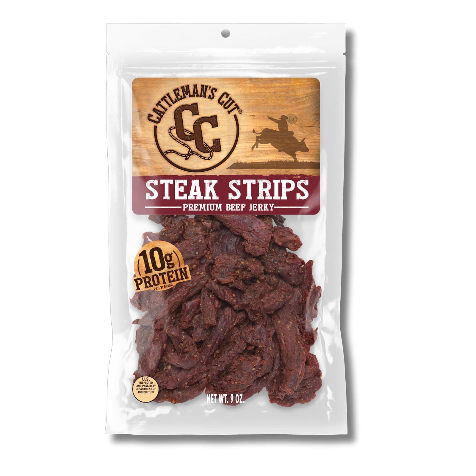 Cattleman's Cut Steak Strips Beef Jerky, Texas Style Flank Steak, Premium Marinated Steak High Protein Meat Snacks, Keto Friendly, Gluten Free, Carnivore Travel Snack, Resealable Bag, 9 Ounces