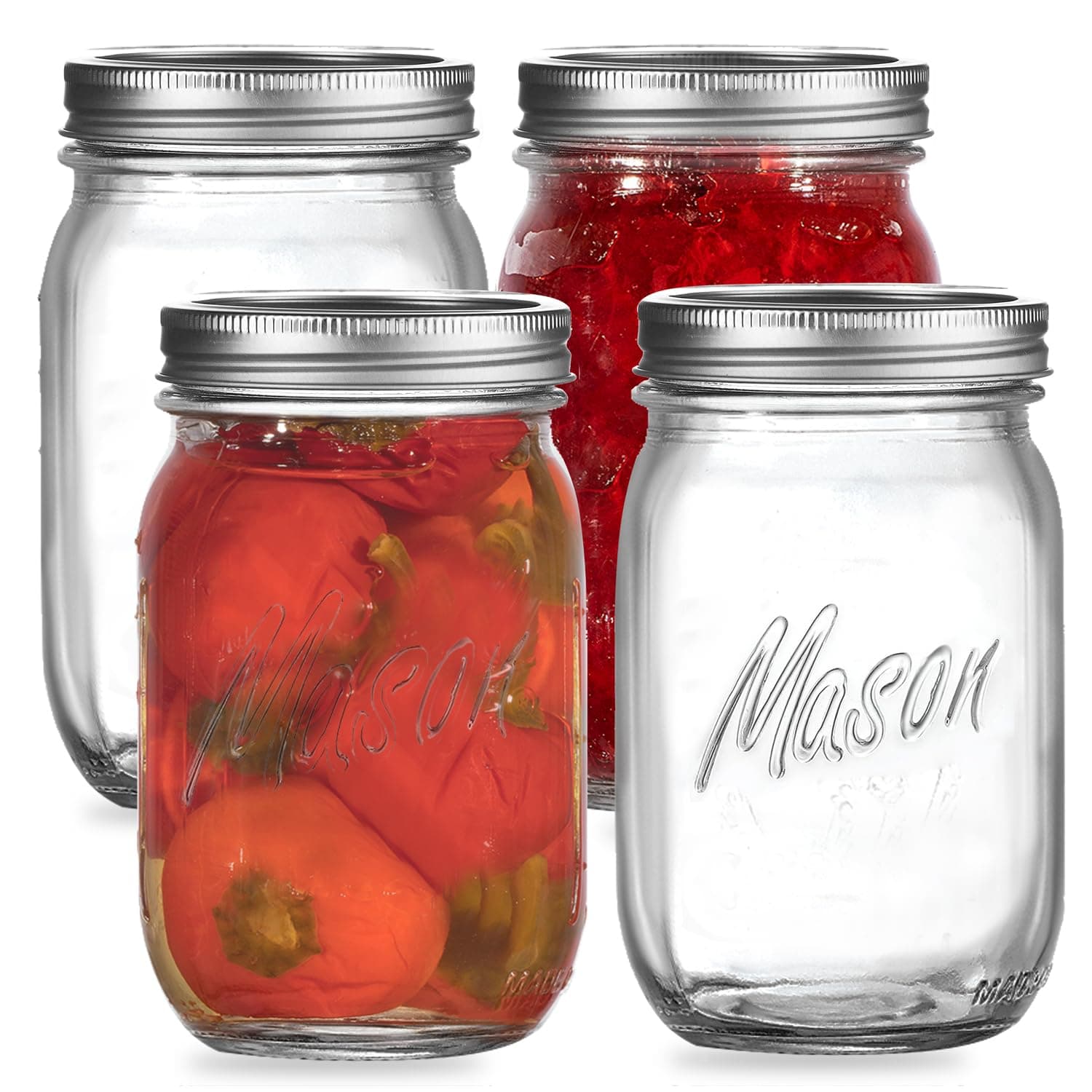 Regular Mouth Mason Jars 16 oz. (4 Pack) - Pint Size Jars with Airtight Lids and Bands - Made in USA - for Canning, Fermenting, Pickling, Meal Prep, or DIY Decors and Projects Bundled with Jar Opener