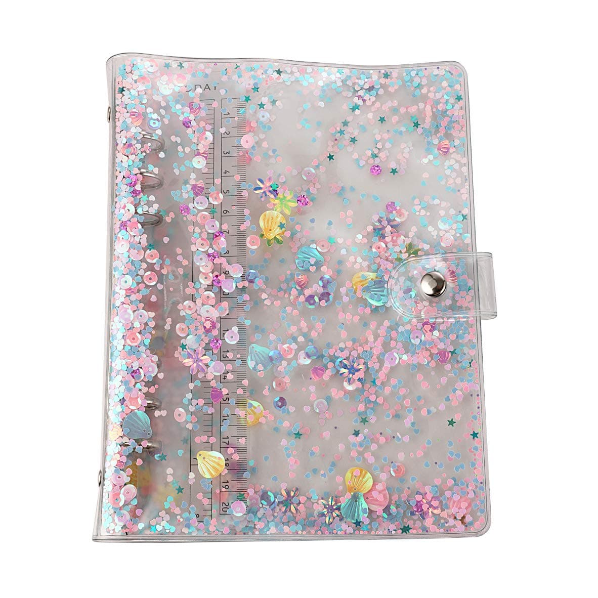 A5 6-Ring Loose Leaf Binder Cover PVC Glitter A5 Planner Binder Cover Notebook Binder Refillable Notebook Shell with Snap Button Closure for Round-Ring Planner Pages (Inner Paper Not Included)