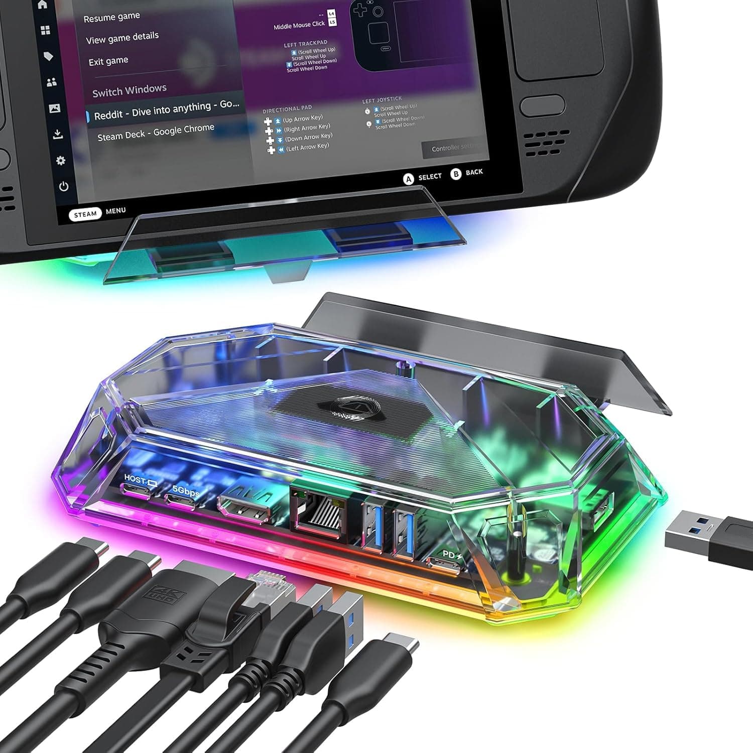 JSAUX RGB Docking Station for Steam Deck (OLED)/ROG Ally/Legion Go 8-in-1 Steam Deck Dock 4K@60Hz HDMI, Gigabit Ethernet, USB-C 3.0, Dual USB-A 3.0, USB 2.0, 100W USB-C Charging-Crystal