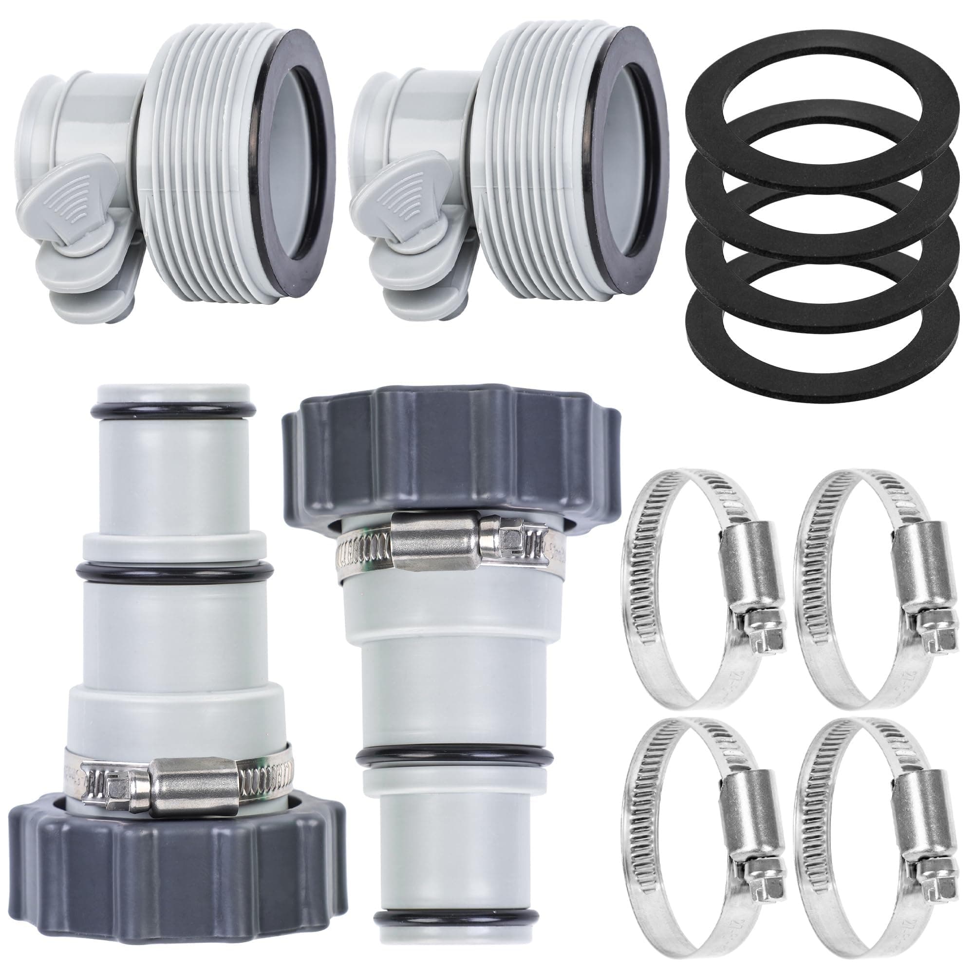 THE WHITE SHOP 4 Pack Pool Hose Adapter with Clamp Washer 2 Types Conversion Connector Replacement Pool Pump Hose Adapter for Threaded Connection Pump 1.5/1.25 Inch
