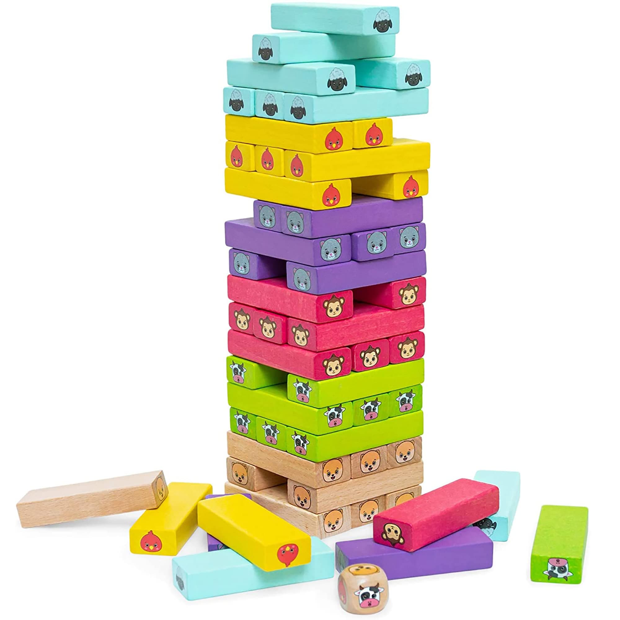 Bimi Boo Tumbling Tower - Wooden Blocks Stacking Game for Kids 3+ Year olds - Tumbling Stacking Blocks for Family Game Night (54 Blocks, 1 Dice)