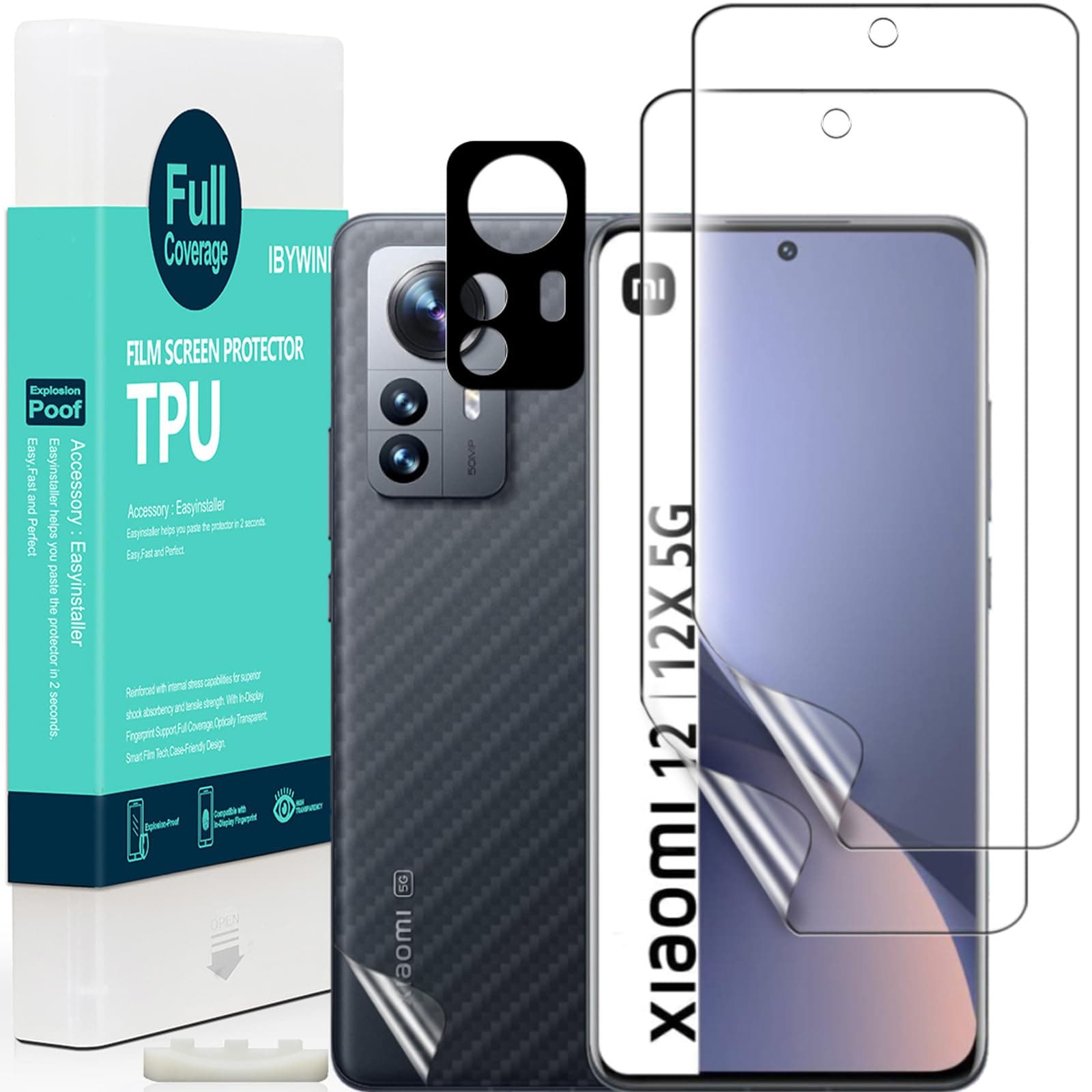 Ibywind 2 Pack Screen Protector For Xiaomi 12/12X 5G,Flexible TPU Film,With 1Pc Camera Lens Protector,1Pc Back Film[Bubble Free][Easy Installation][HD Clear][Self-Healing]