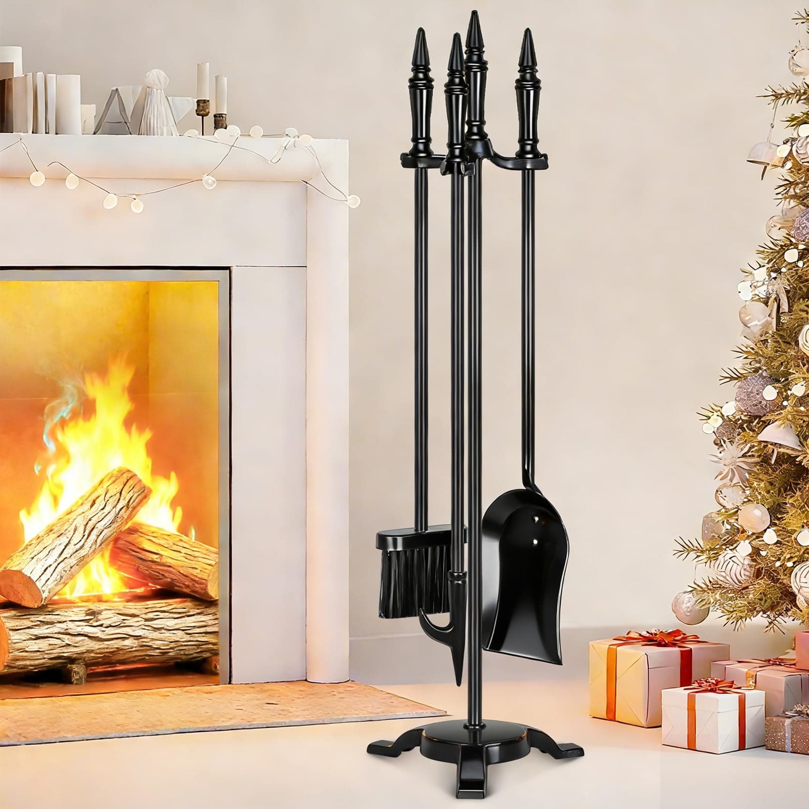 4-Piece Fireplace Tool Set - 31” Wrought Iron Fire Tools with Poker, Shovel, Brush & Stand - Indoor/Outdoor