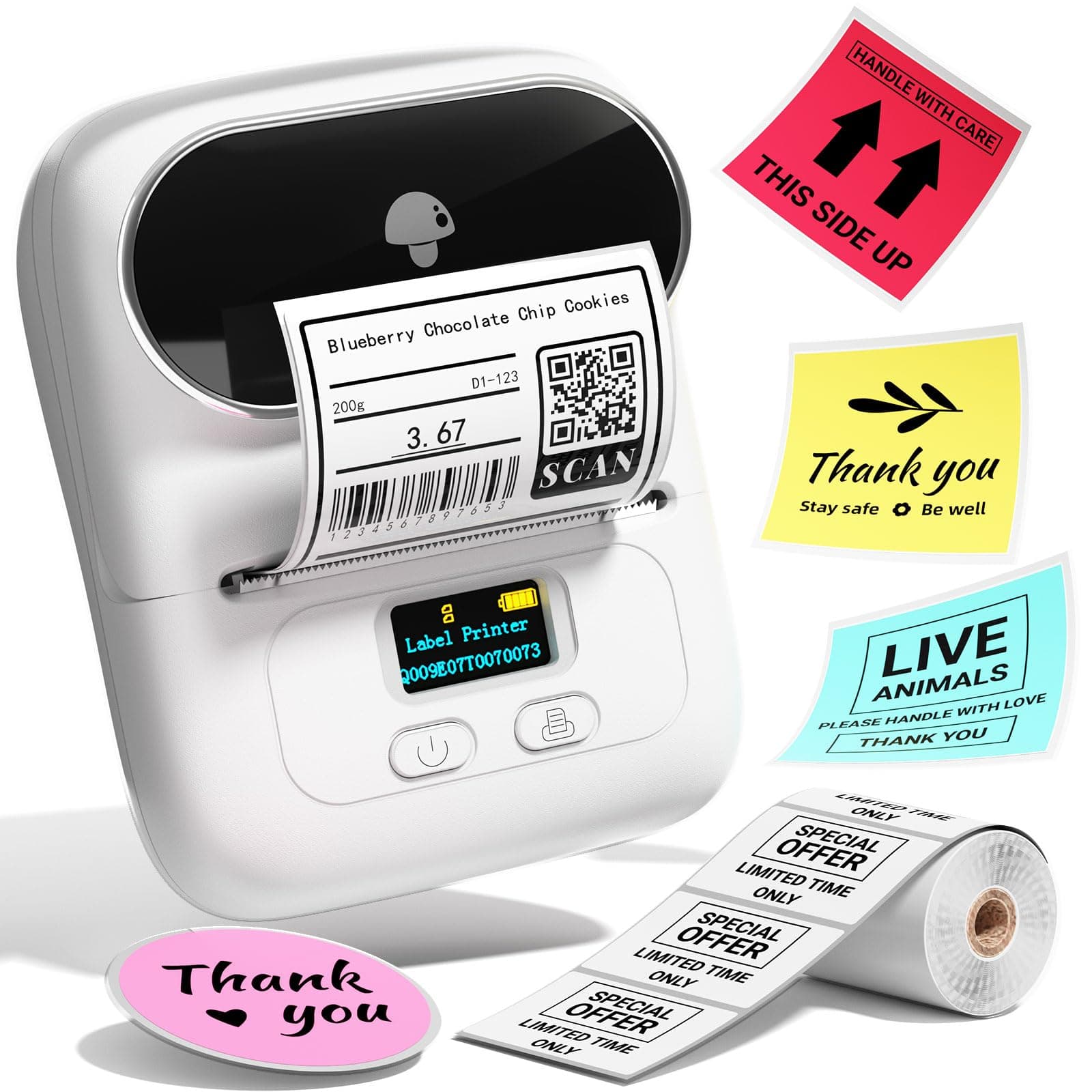 Label Maker Machine M110 Portable Thermal Label Printer with Screen for Storage, Shipping, Barcode, Home, Mini Sticker Printer for Arabic & English Multiple Templates with Label Paper, White