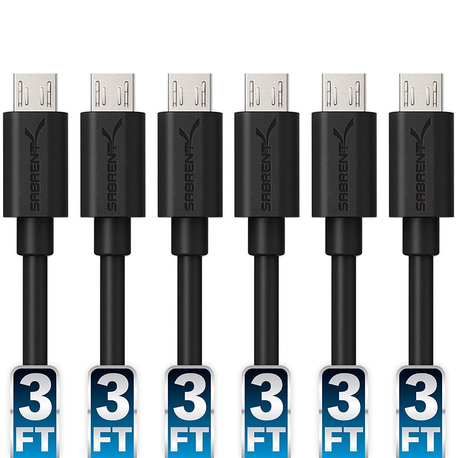 SABRENT [6-Pack 22AWG Premium 3ft Micro USB Cables High Speed USB 2.0 A Male to Micro B Sync and Charge Cables [Black] (CB-UM63)