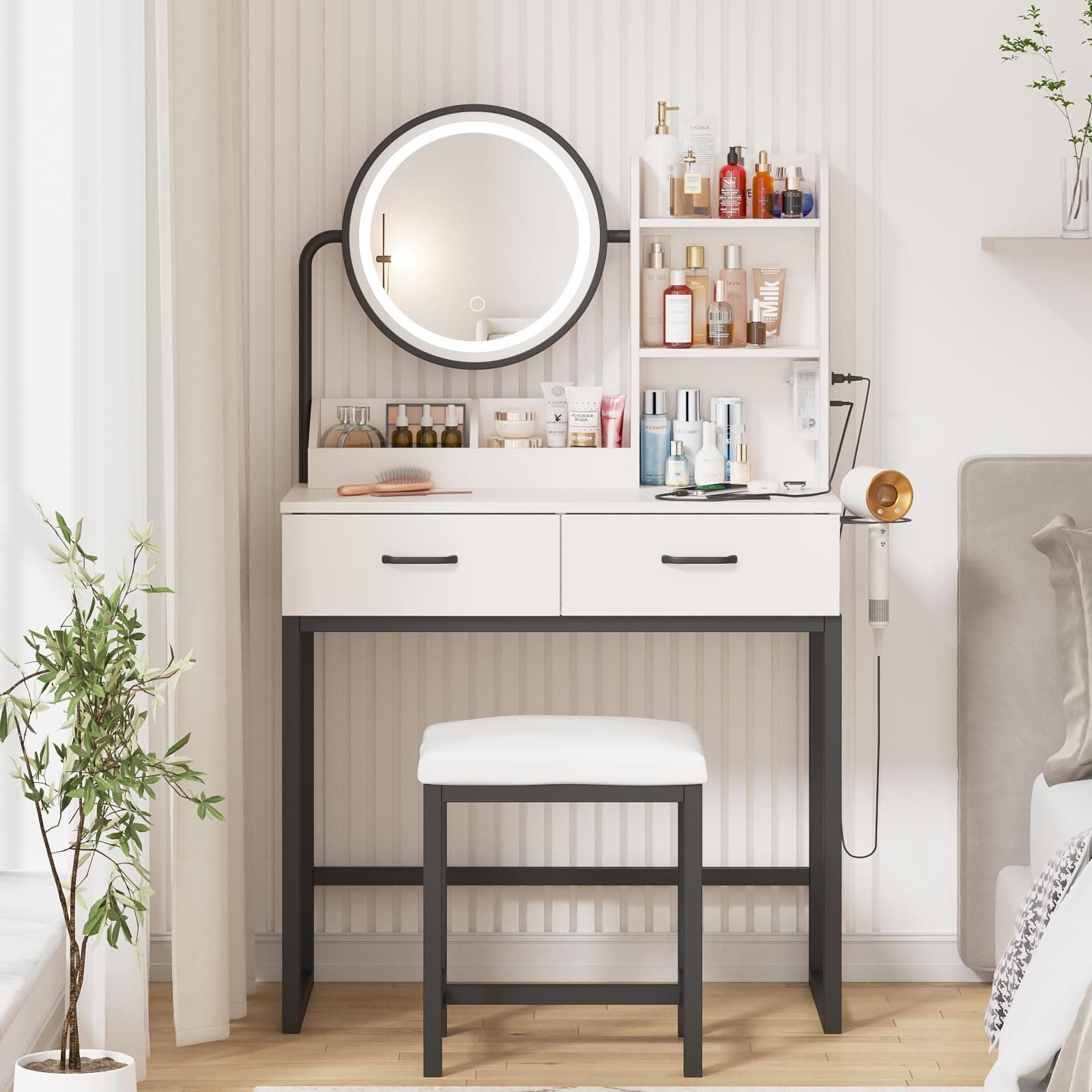 Makeup Vanity with Round Mirror and Lights, White Vanity Makeup Table with Charging Station, Small Vanity Table for Bedroom, 3 Lighting Modes, 31.5in(L)