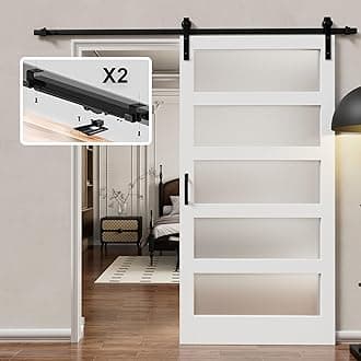 42 x 84 inch Sliding Barn Door with 7FT Hardware Kit Included & Handle, Pre-Drilled Easy Assembly, Water-Resistant Scratch-Resistant Barn Door with Glass for Washroom, Bedroom, Bathroom