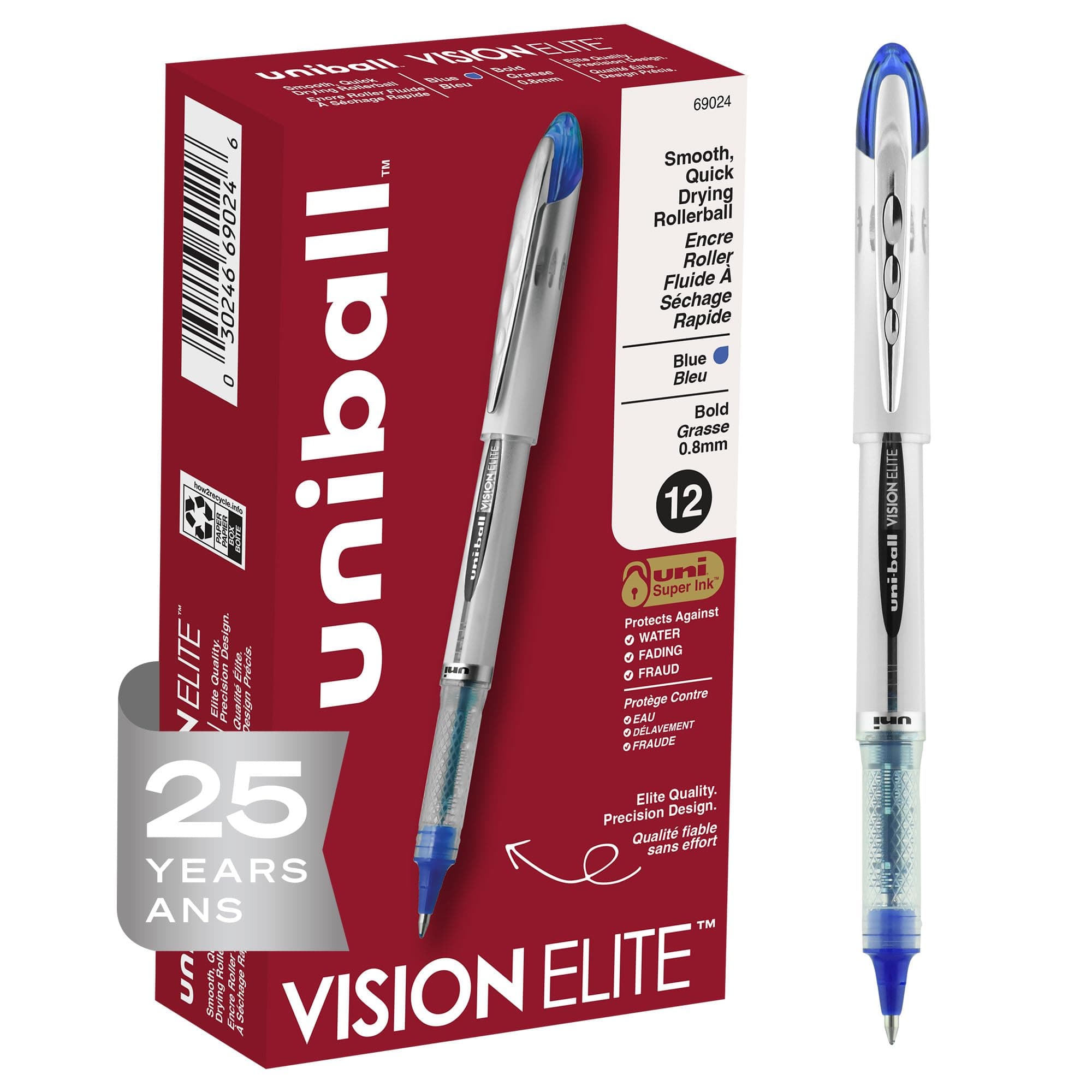 uniball Vision Elite Rollerball Pens, Bold Point (0.8mm), Blue, 12 Pack
