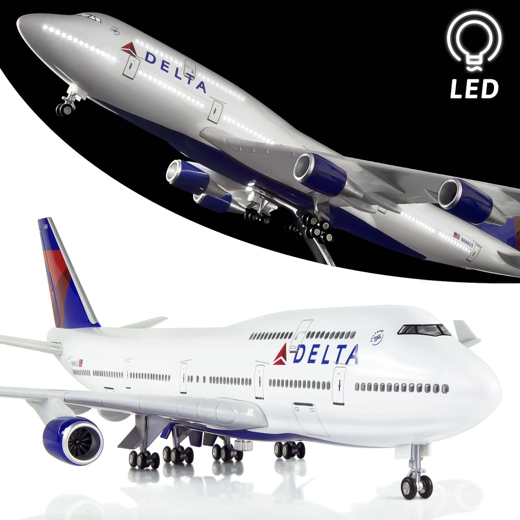 1:130 Scale Large Airplane Model Delta Boeing 747 Plane Models Diecast Airplanes with LED Light for Collection or Gift