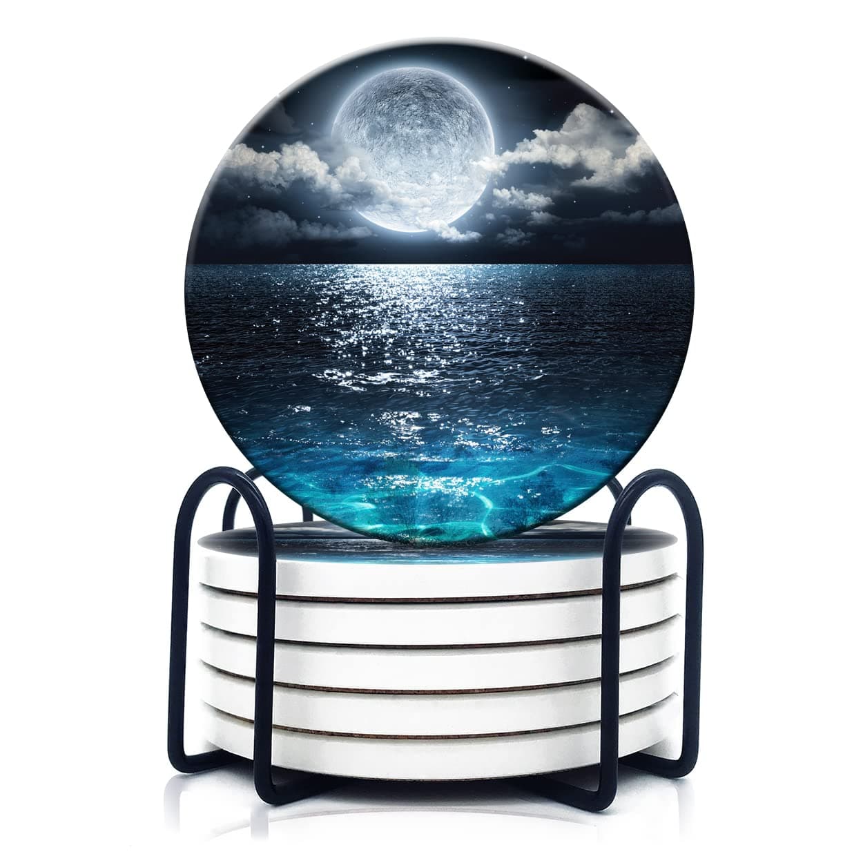 HOPONY Coasters for Drinks,6 Pieces Ceramic Stone Coaster Set with Metal Holder Stand, Cork Base,Absorbent Cups Place Mats for Home Decor Moon River