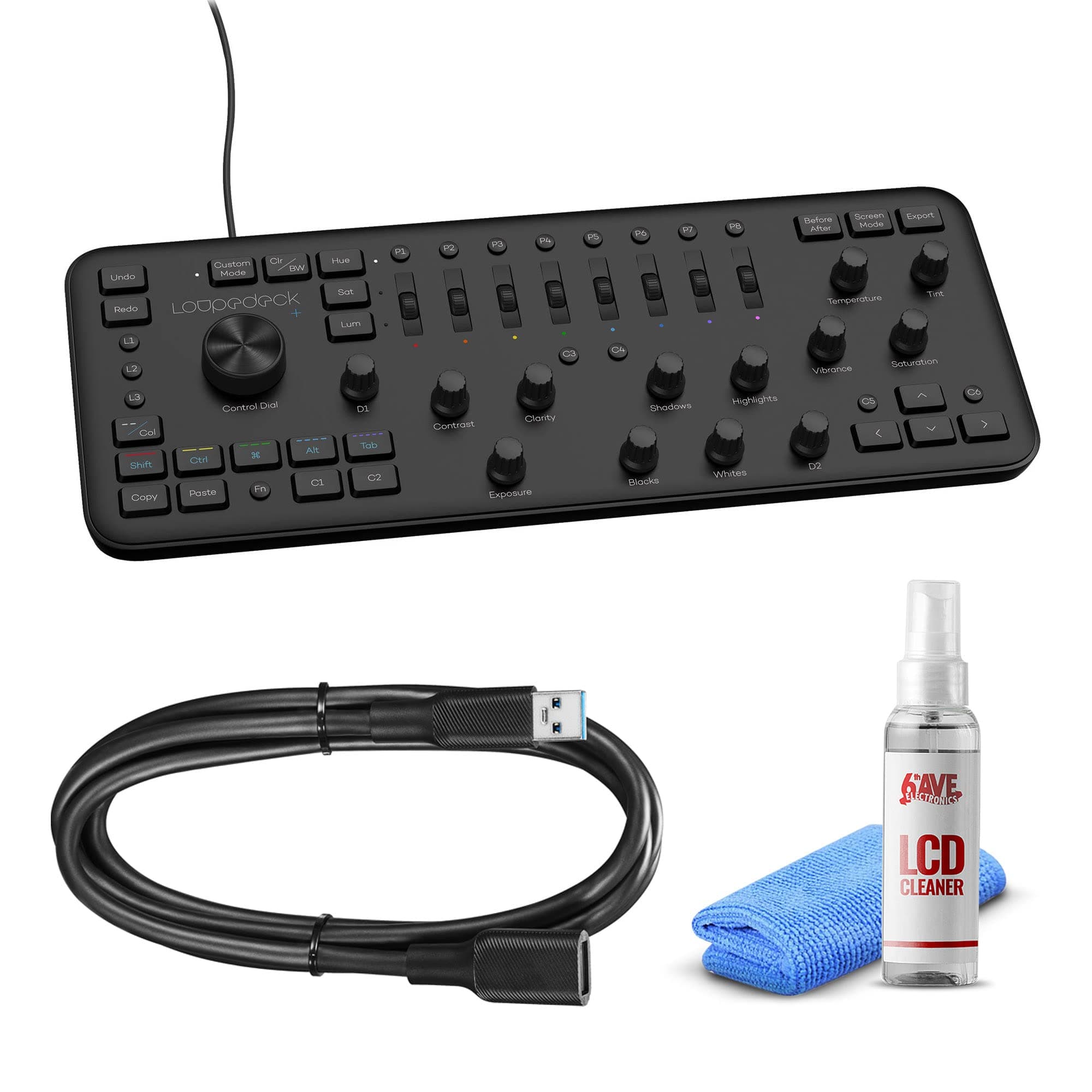 Loupedeck+ Photo & Video Editing Console + 3Ft USB Extension + Screen Cleaner
