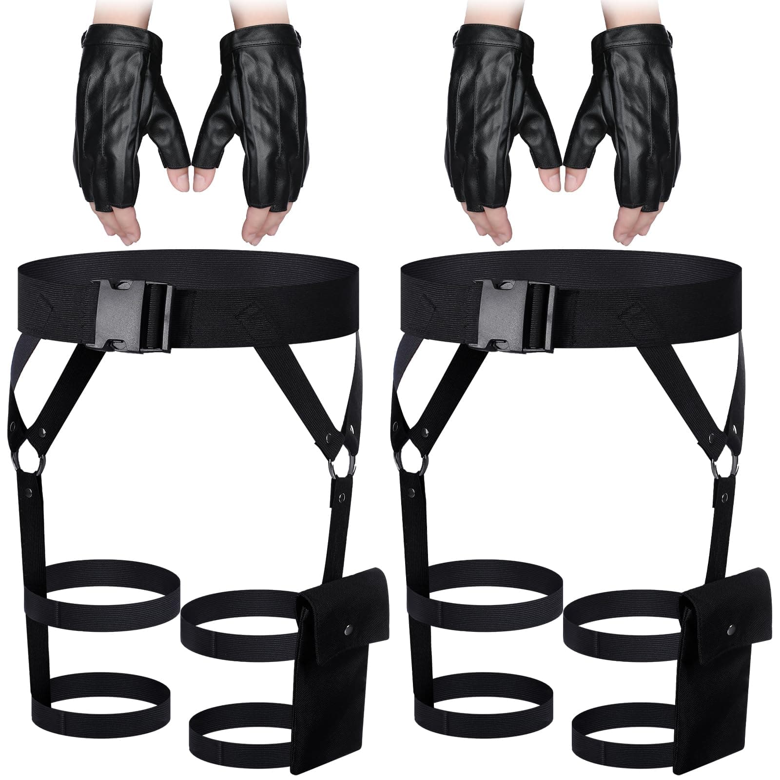 Kathfly 2 Pieces Women's Multi Strap Garter Black Pocket Utility Belt Costume Accessory Adjustable Leg Straps for Halloween Cosplay Party