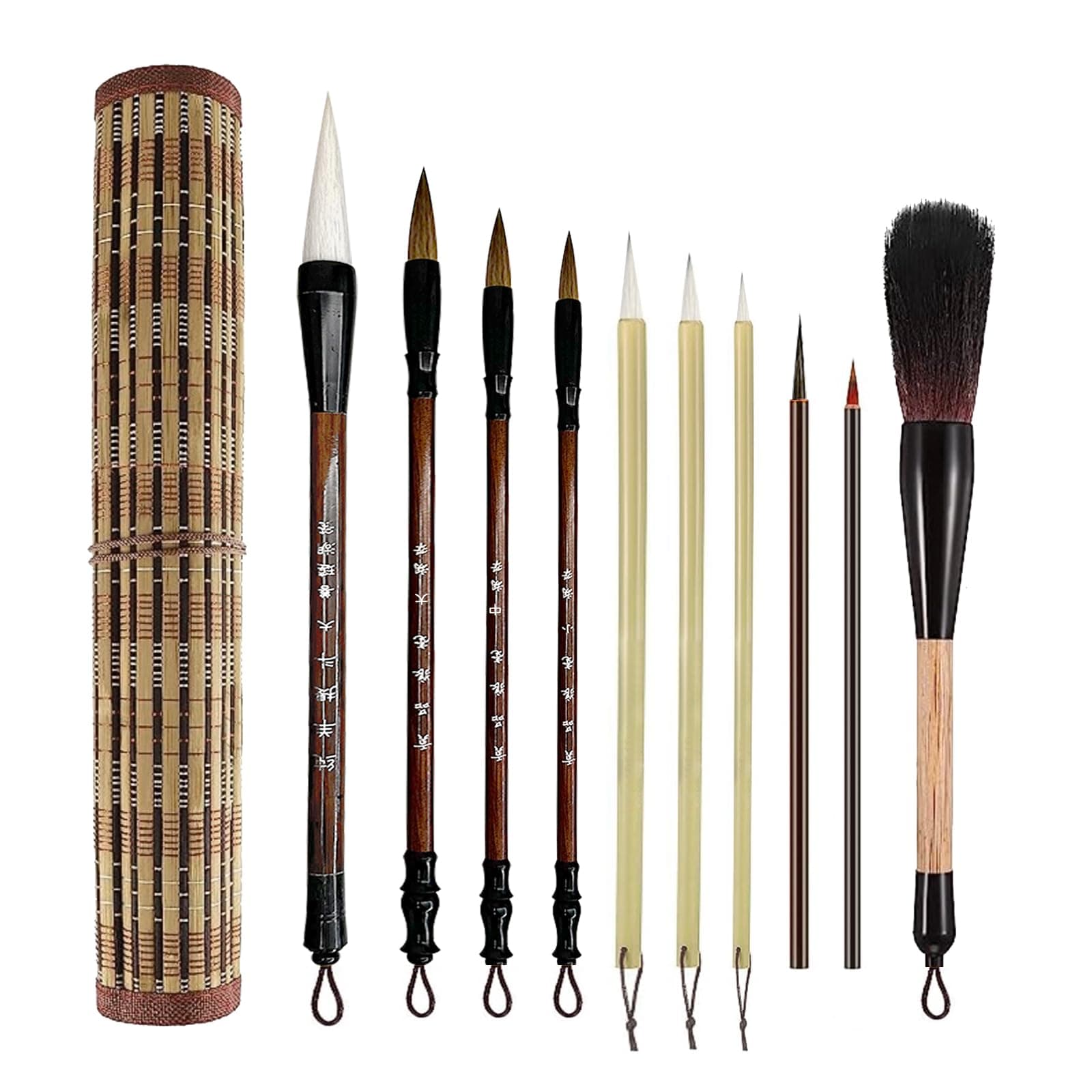 10-Piece Chinese Calligraphy Brush Set - Premium Writing Brushes with Roll-up Bamboo Brush Holder
