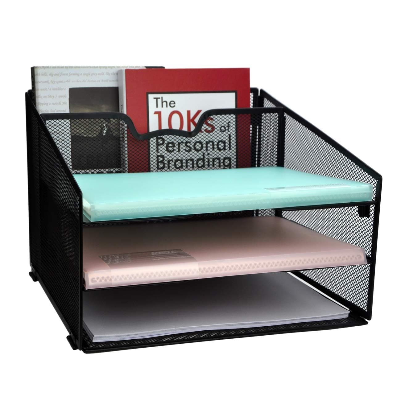 Besource Mesh Office Desktop Organizer, Desk File Organizer Sorter with 3 Paper Letter Tray and 1 Vertical Section Office Accessories - 13" X 12.5" - Black