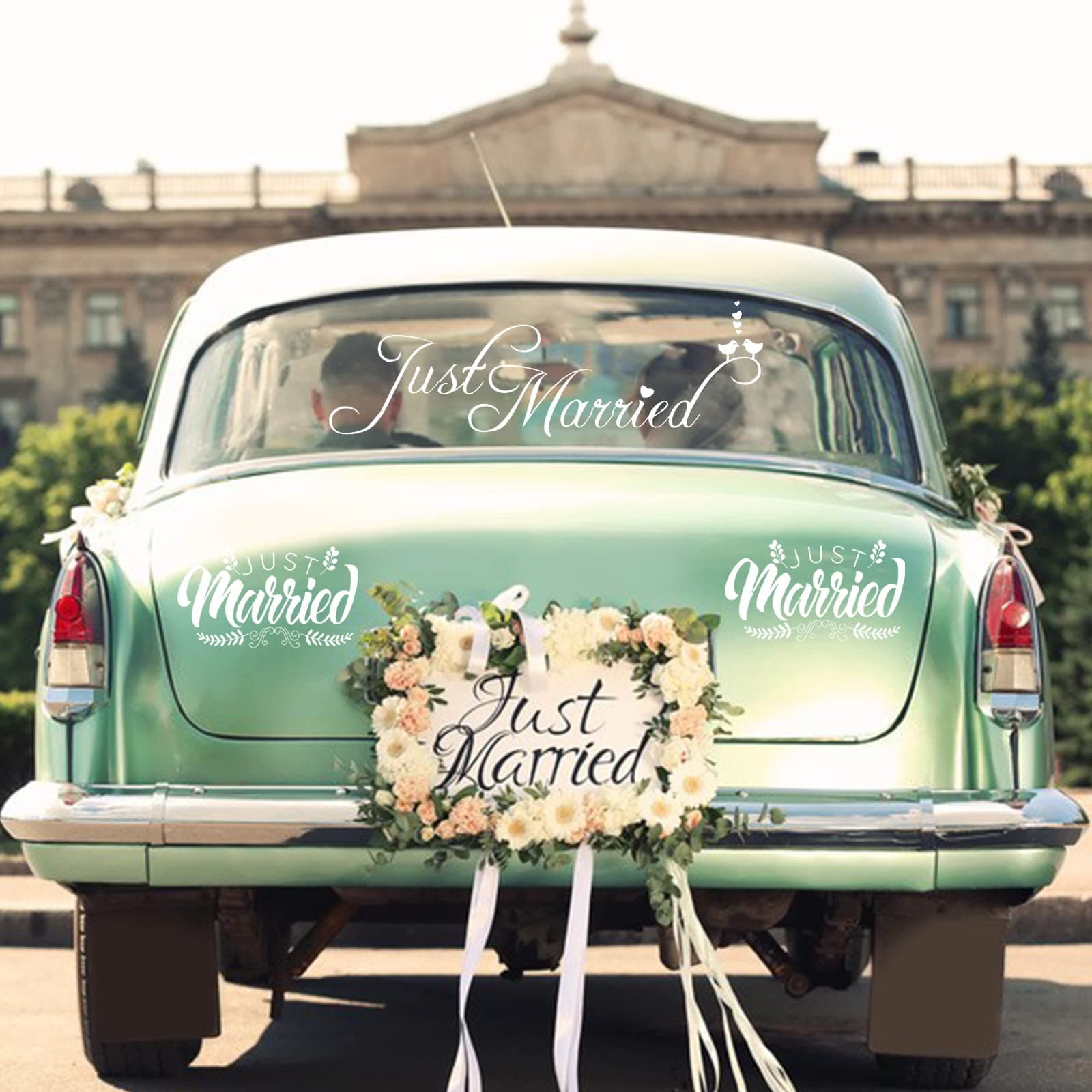 Just Married Decals, 3 Pcs Wedding Car Decorations - Just Married Window Stickers for Honeymoon