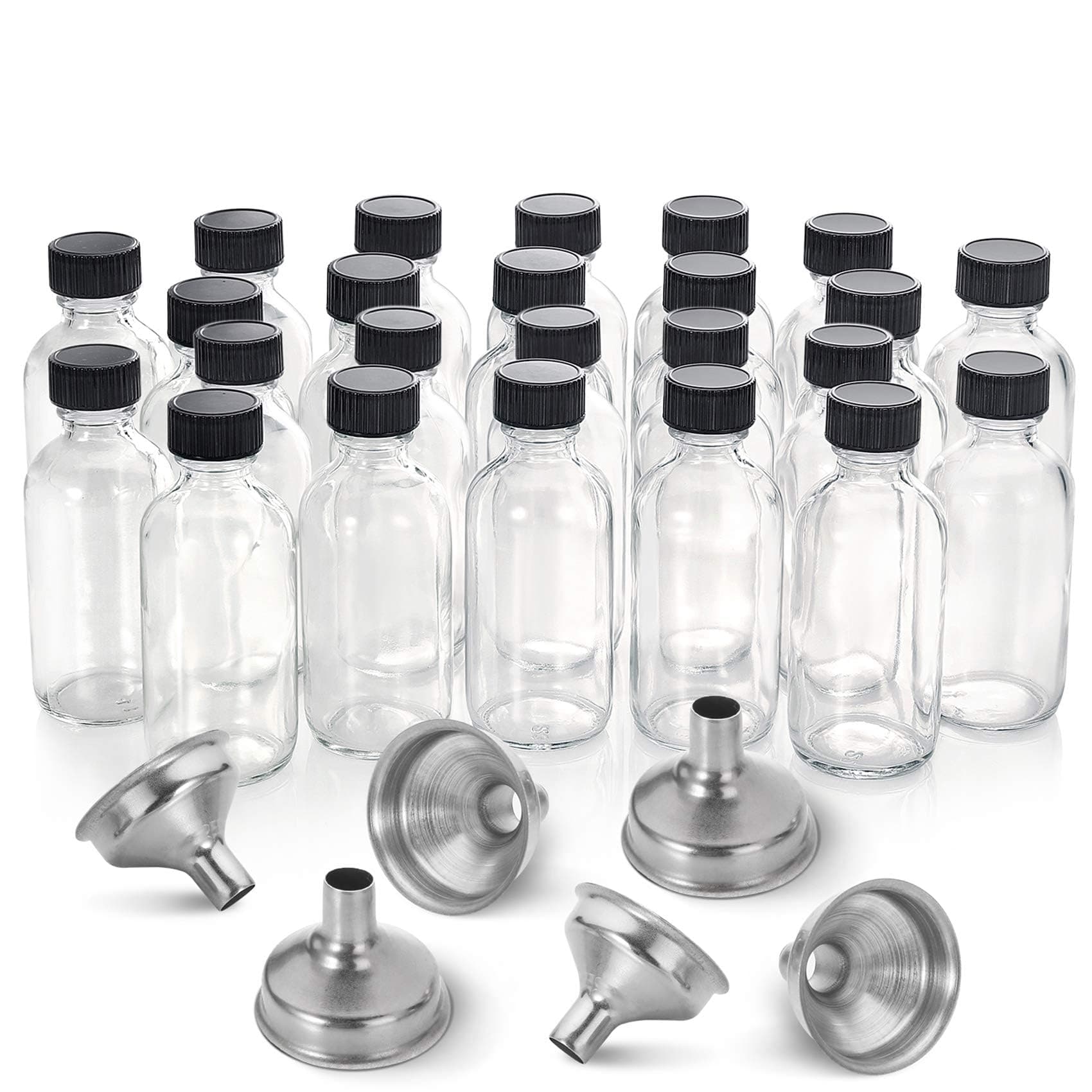 24 Pack, 2 oz Small Clear Glass Bottles w/ Lid & 6 Stainless Steel Funnels - 60ml Boston Sample Bottles - Mini Travel Essential or Decorative Bottles for Potion, Juice, Wellness, Ginger Shots, Whiskey