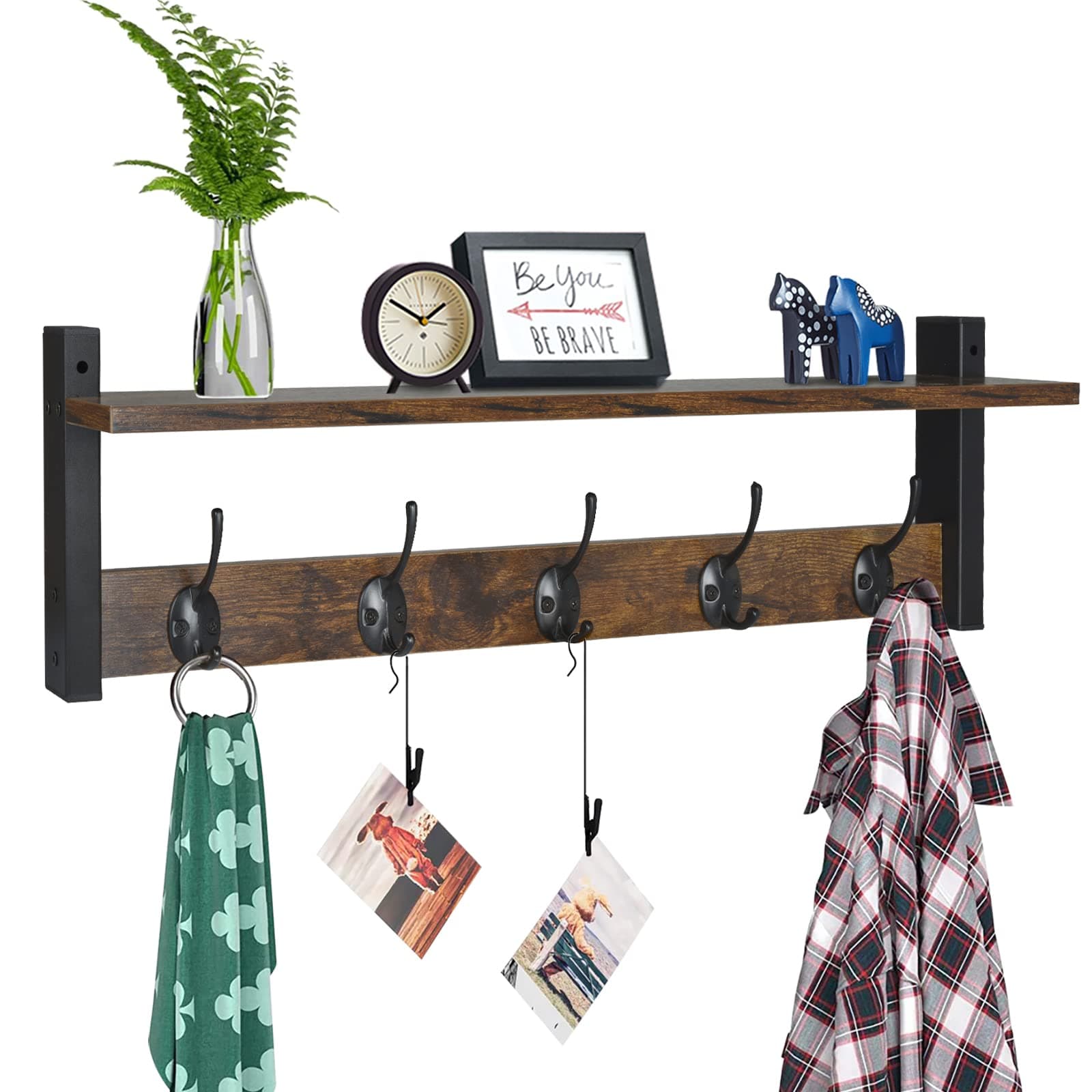 Coat Rack with Wall Mount, 24 Inch Long Entryway Wall Shelf with Hooks, Wood Hanger with Storage Shelf for Bathroom, Hallway, Rustic Brown Black