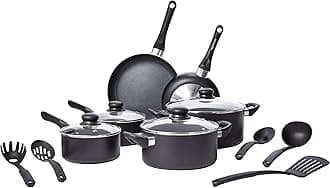 Amazon Basics Non-Stick Kitchen Cookware 15-Piece Set with Stay-Cool Handles, Even Heating, Non-Induction, Includes Pots, Pans, and Utensils, Black