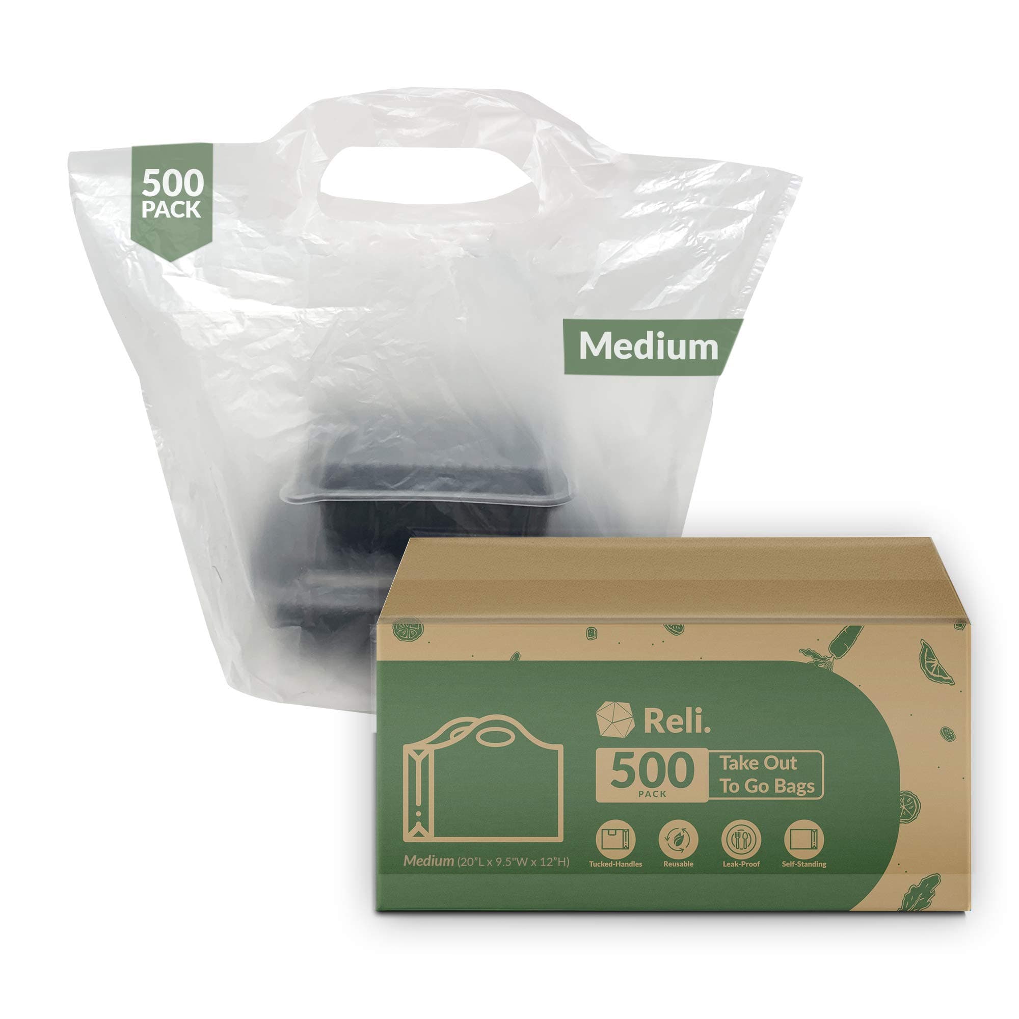 Take Out/To Go Bags (500 Count Bulk) (Medium 20" L x 9.5" W x 12" H) White Carry Out Shopping Bag, Die Cut Handle, Square Bottom, Reusable - Food Service, Restaurant, Catering, Delivery