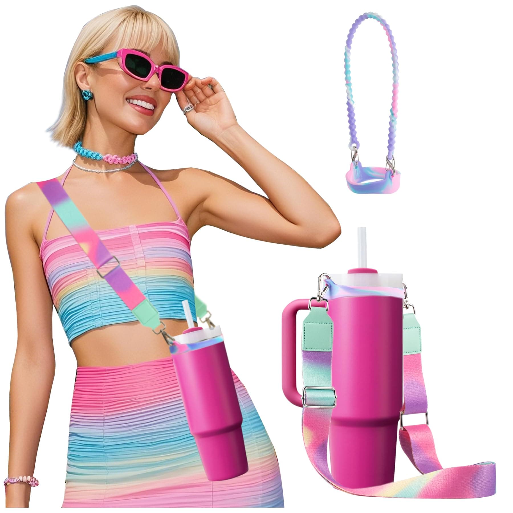 Water Bottle Handle for Stanley Cup 40/30/20 OZ, Holder for Owala/Hydroflask/Simple Modern/Yeti Tumbler, Handle with Strap Fits Most 8-40oz Bottles, Sling for Stanley Cup Accessories