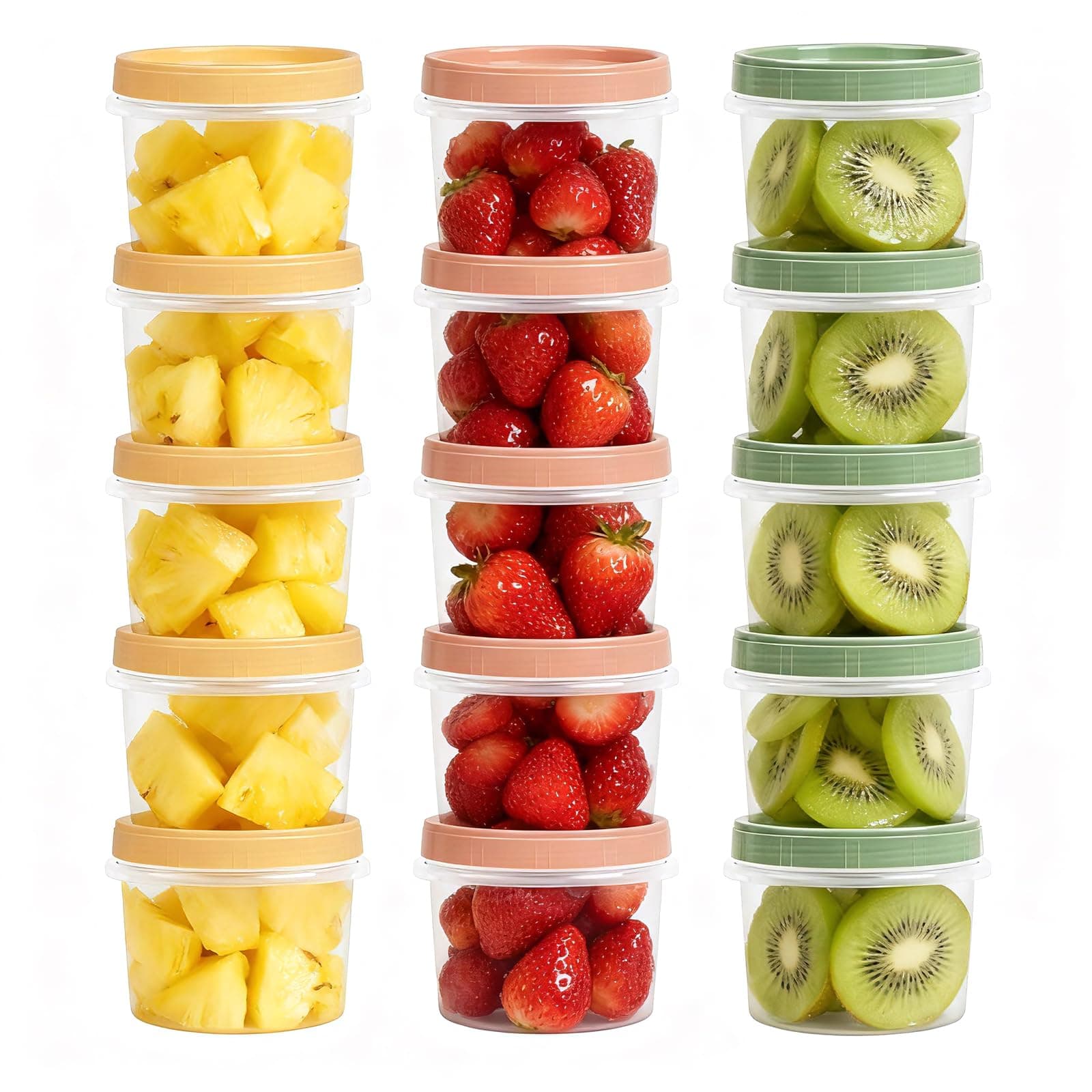 16 Oz Plastic Containers with Lids, 15 Pack Overnight Oats Containers with Lids, Stackable Reusable Twist Screw Top 2-Cup Freezer Storage Container for Food Soup Jello Sauce, Yellow/Green/Red Ocher