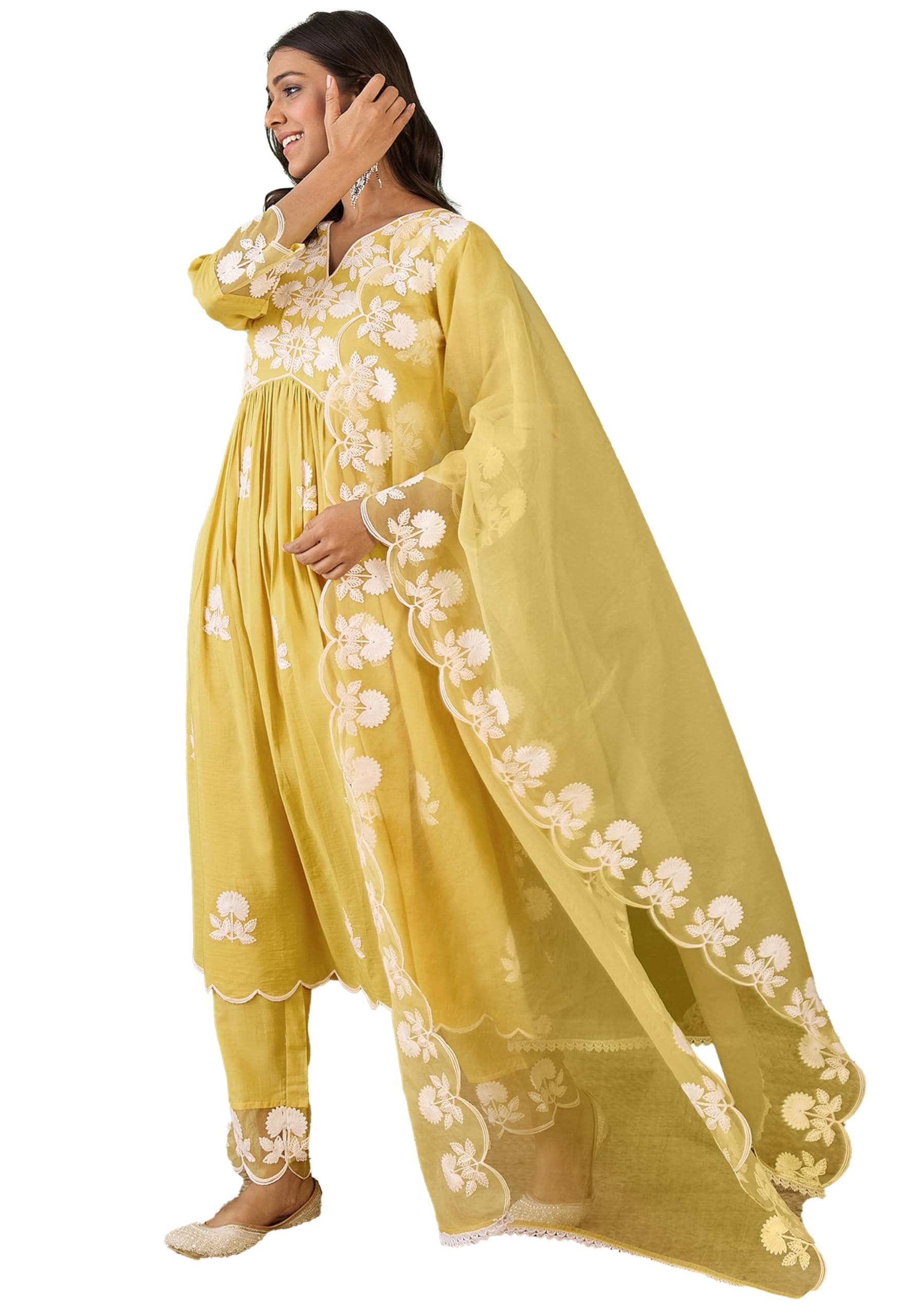 SheWill Women's Silk Blend Chain Work Embroidered A Line Kurta with Pant Set For Wedding, Ethnic Wear