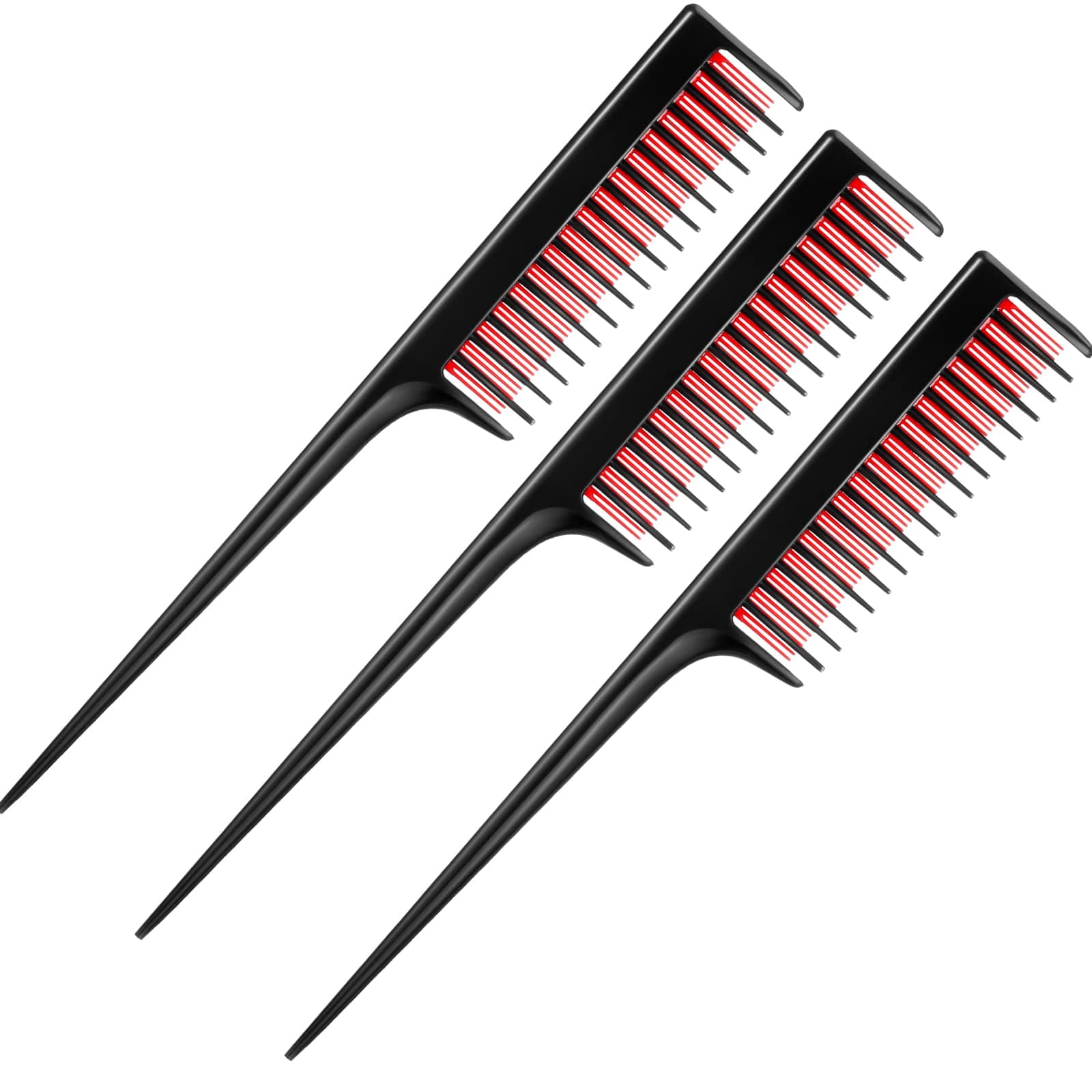 Leinuosen 3 Pcs Triple Teasing Comb for Women Plastic Rat Tail Comb Heat Resistant Pintail Tease Layer Tool for Thick Fine Hair Styling Backcombing Volume Structure(Black and Red)