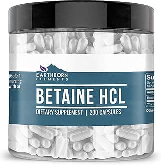Earthborn Elements Betaine HCL, 200 Capsules, 560mg Serving, Potent, Non-GMO, Gluten-Free, Lab-d for Purity, No Filler or Additives, Made in USA