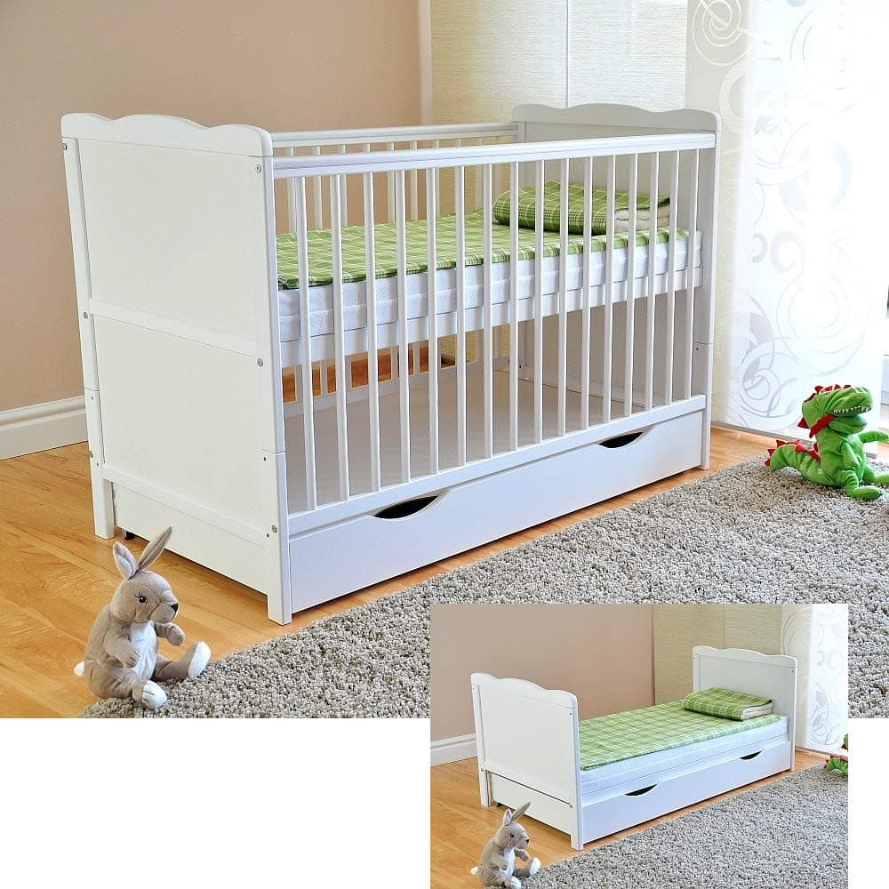 White Solid Wood Baby Cot Bed with Drawer & Deluxe Water Repellent Mattress Converts into a Junior Bed ✔ Height Adjustable ✔