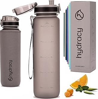 Water Bottle with Time Marker -Large BPA Free Water Bottle & No Sweat Sleeve -Leak Proof Gym Bottle with Fruit Infuser Strainer & Times to Drink -Ideal for Fitness Sports & Outdoors