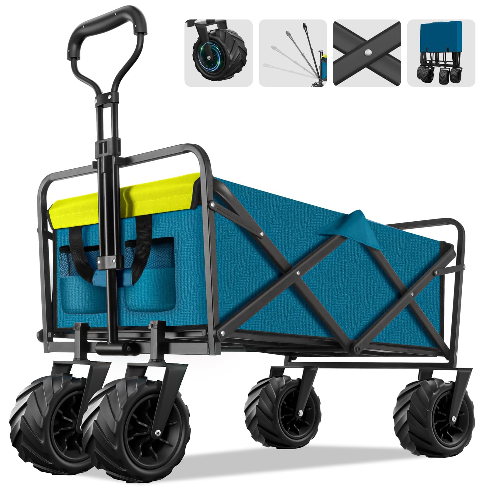 Collapsible Foldable Wagon, Heavy Duty Folding Wagon with 400lbs Weight Capacity, Beach Cart with Big Wheels for Sand, Portable Utility Outdoor Cart
