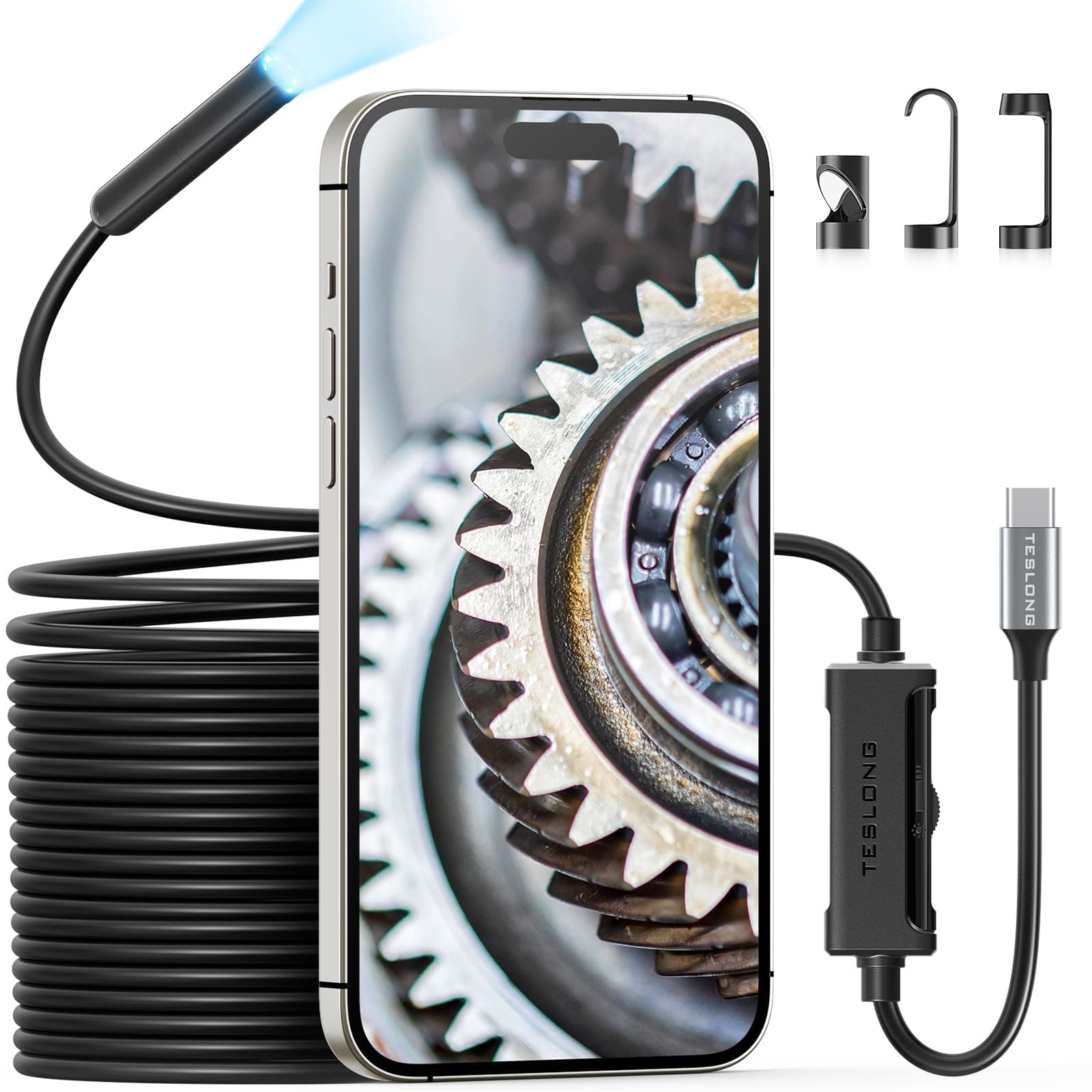 TeslongInspection Camera for iPhone, Type-C Endoscope Inspection Camera with 8 LED Lights, Flexible Waterproof Borescope Camera, Pipe Sewer Camera for iOS/Android Phone (15M)
