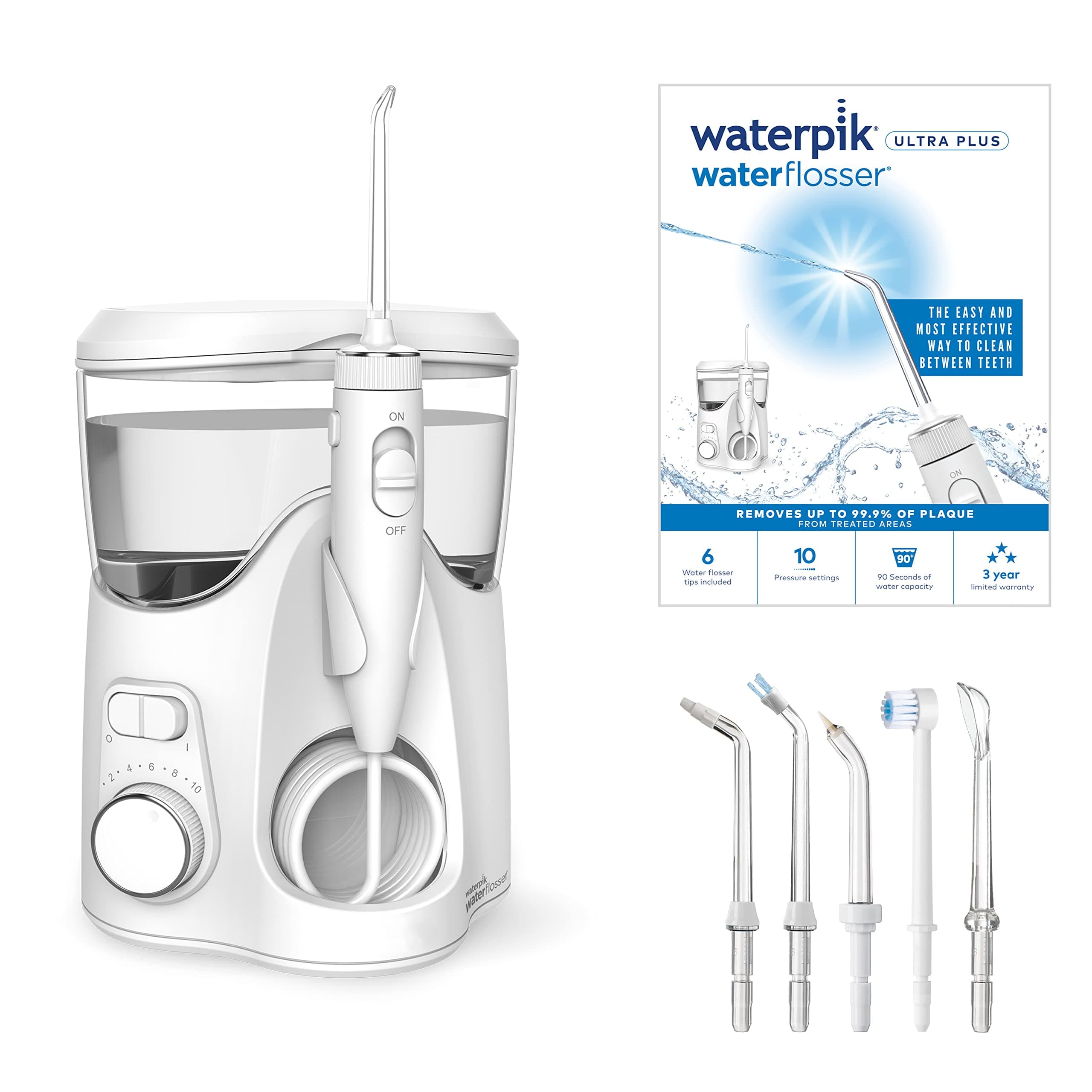 WaterpikUltra Plus Water Flosser, 5 Tips, Advanced Pressure Control System, 10 Settings, Dental Plaque Removal Tool, White, WP-150UK